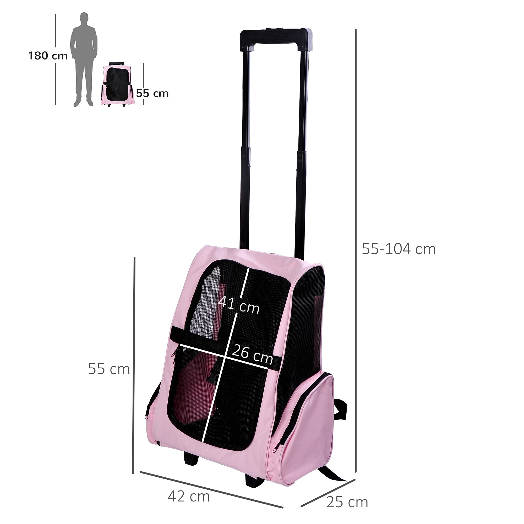 2-in-1 Pet Carrier Backpack or Wheeled Travel Cart for Dog and Cat with Aluminum Retractable Handle and Pockets 16.5x9.8x21.7 inches Pink