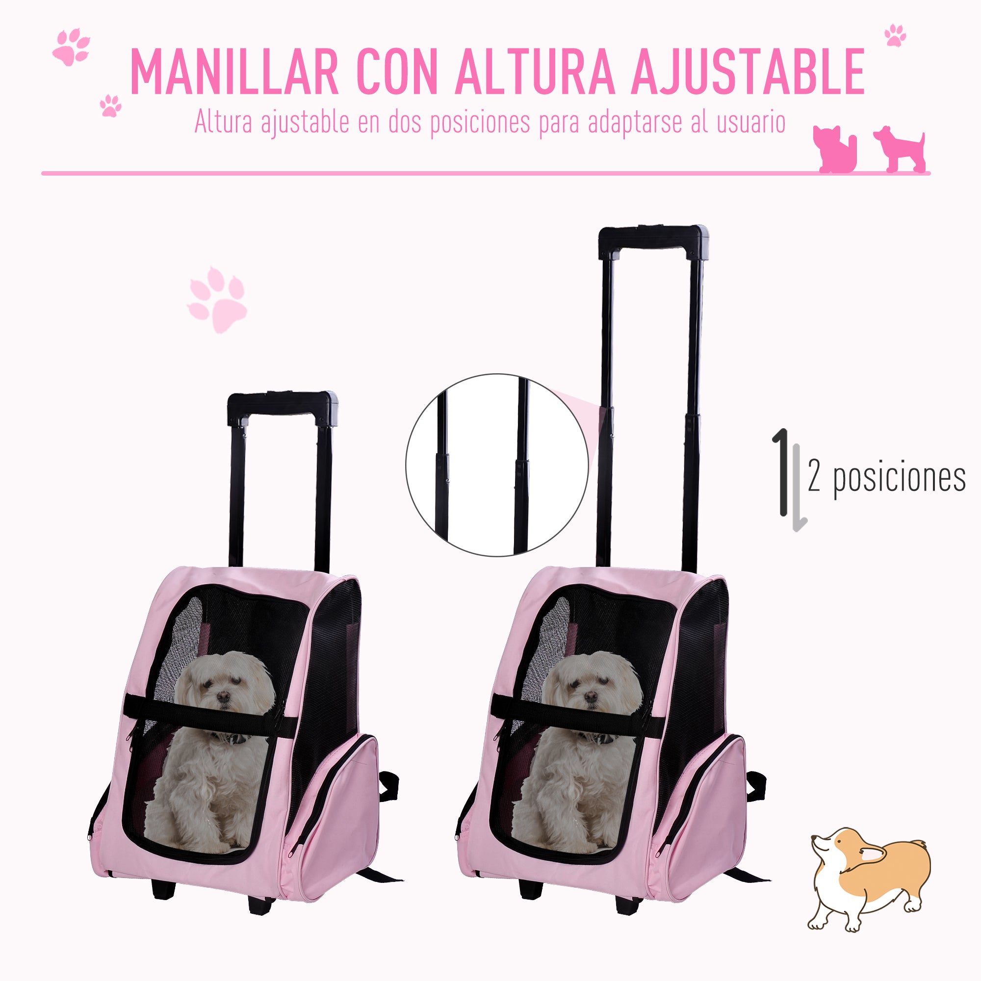 2-in-1 Pet Carrier Backpack or Wheeled Travel Cart for Dog and Cat with Aluminum Retractable Handle and Pockets 16.5x9.8x21.7 inches Pink