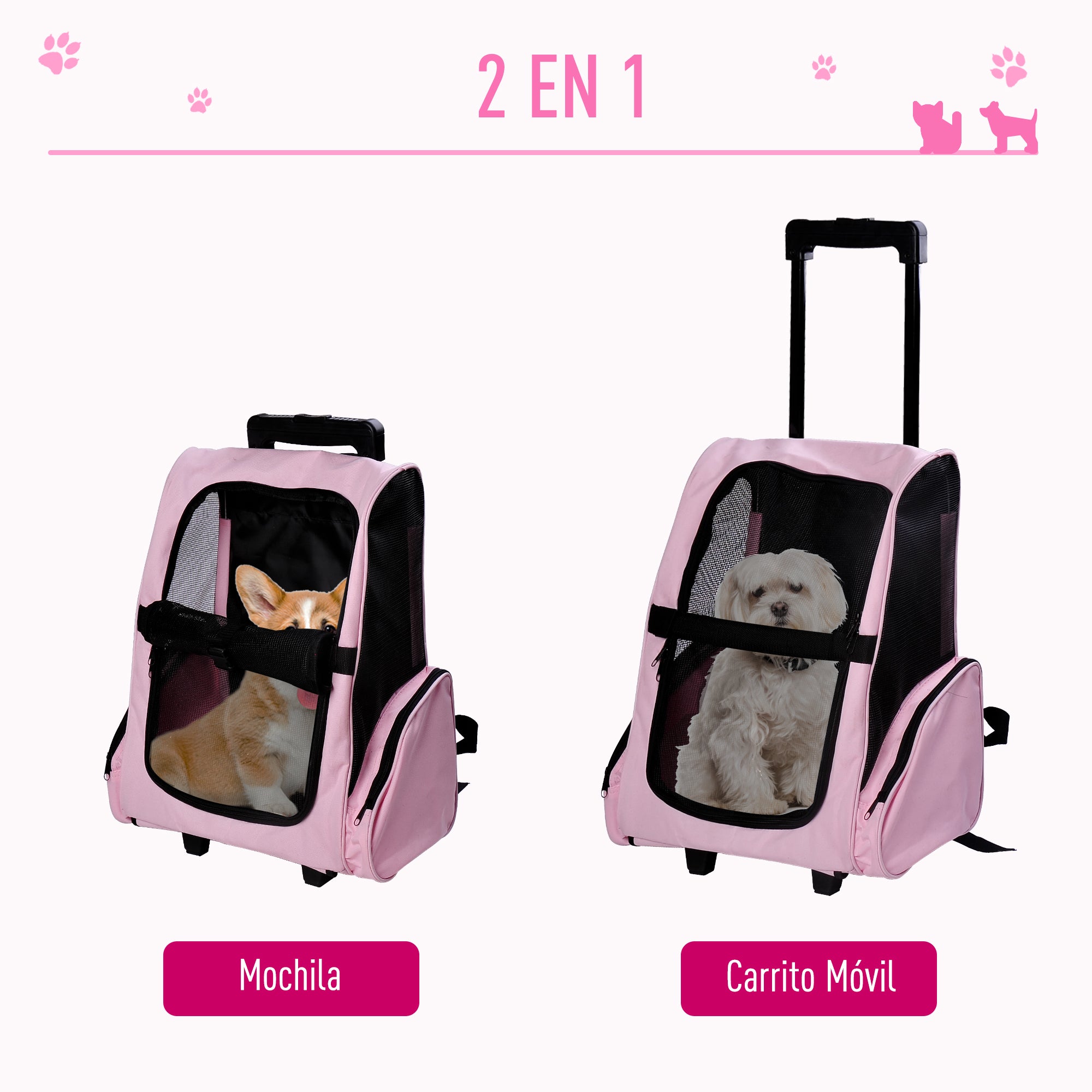 2-in-1 Pet Carrier Backpack or Wheeled Travel Cart for Dog and Cat with Aluminum Retractable Handle and Pockets 16.5x9.8x21.7 inches Pink