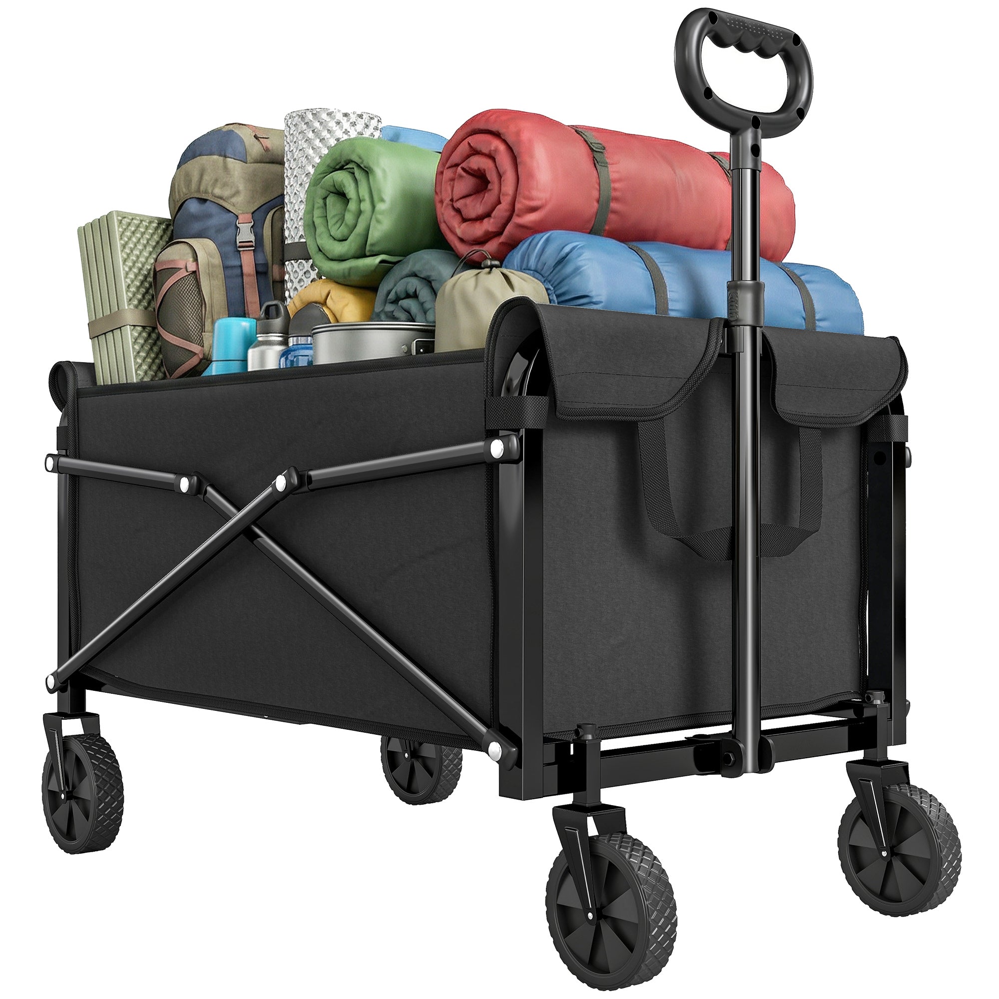 Folding Wagon 81 L Compact Collapsible Hand Cart with Adjustable Handle, Brake — 50 kg Capacity, Garden & Shopping Utility Cart
