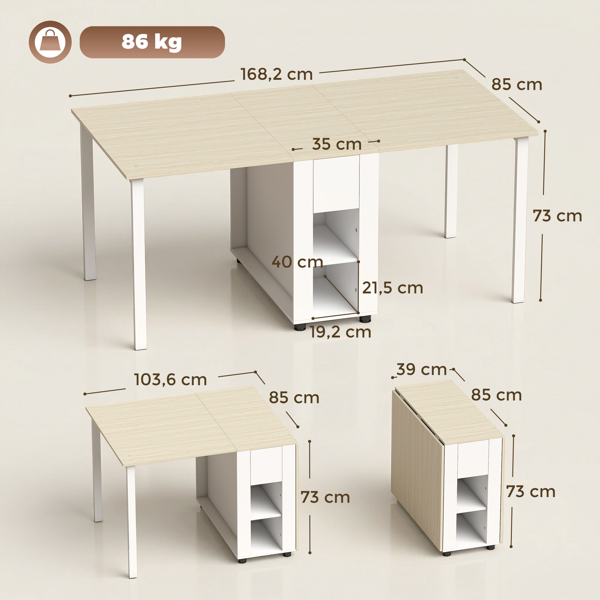 Folding Dining Table, Foldable Kitchen Table for 6 People with Drop Leaves, Drawers and Open Shelves for Small Spaces, 66.3 x 33.5 x 28.7 in (168.2 x 85 x 73 cm), White