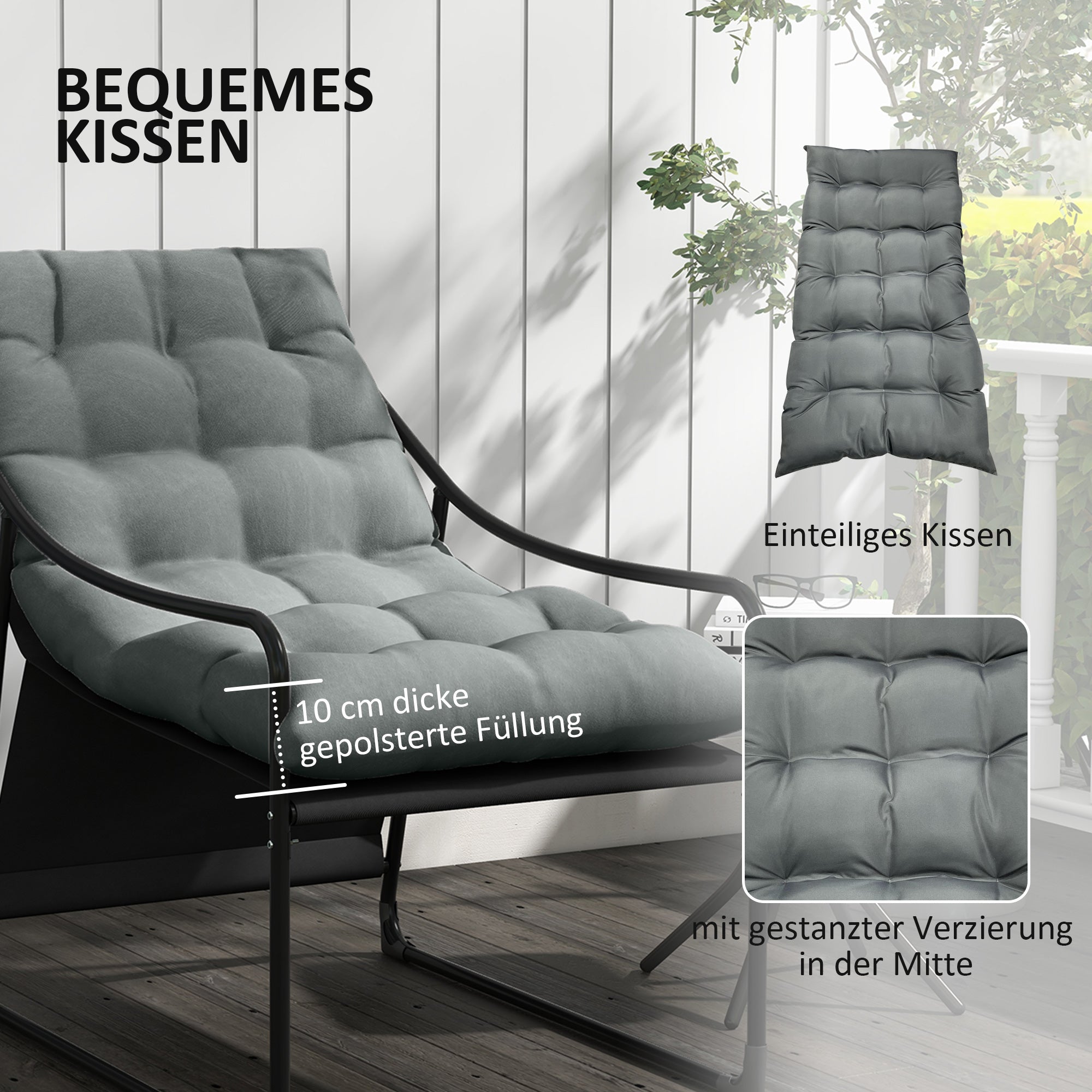 Garden Armchair with Thick Seat Cushion Lounge Chair with Armrest, Supports up to 120 kg, for Garden, Balcony, Gray
