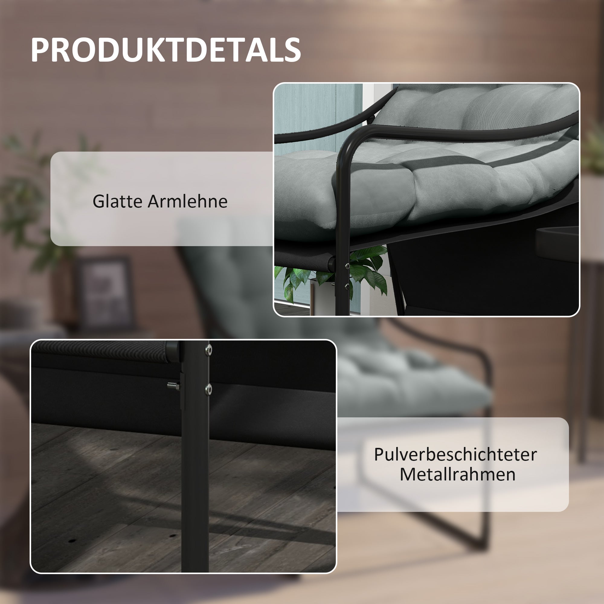Garden Armchair with Thick Seat Cushion Lounge Chair with Armrest, Supports up to 120 kg, for Garden, Balcony, Gray