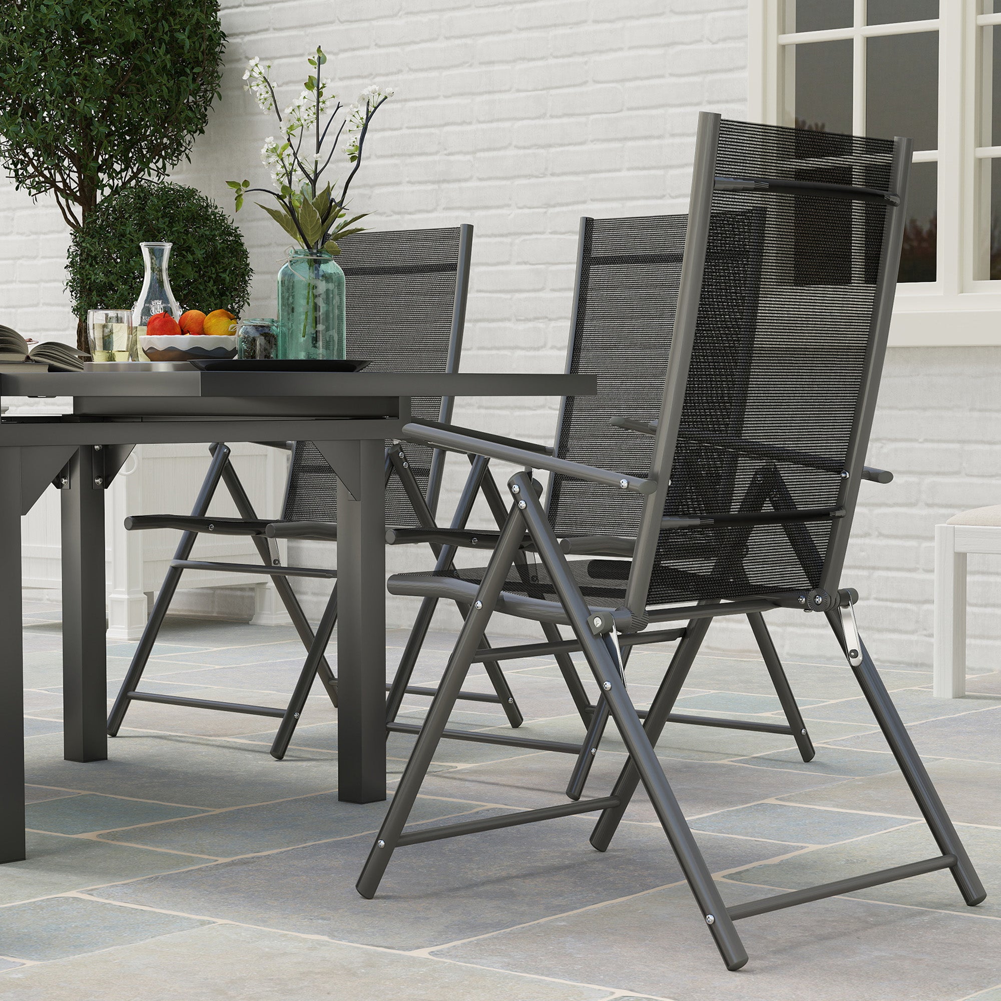 7-Piece Outdoor Table and Chairs Set, Dining Set with Extendable Glass Table Top, 6 Foldable Outdoor Chairs with Armrests, Steel and Textilene Furniture Set, Gray