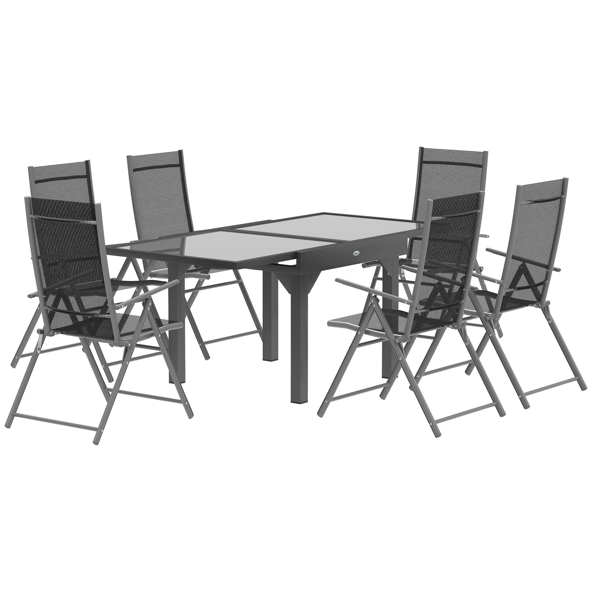 7-Piece Outdoor Table and Chairs Set, Dining Set with Extendable Glass Table Top, 6 Foldable Outdoor Chairs with Armrests, Steel and Textilene Furniture Set, Gray
