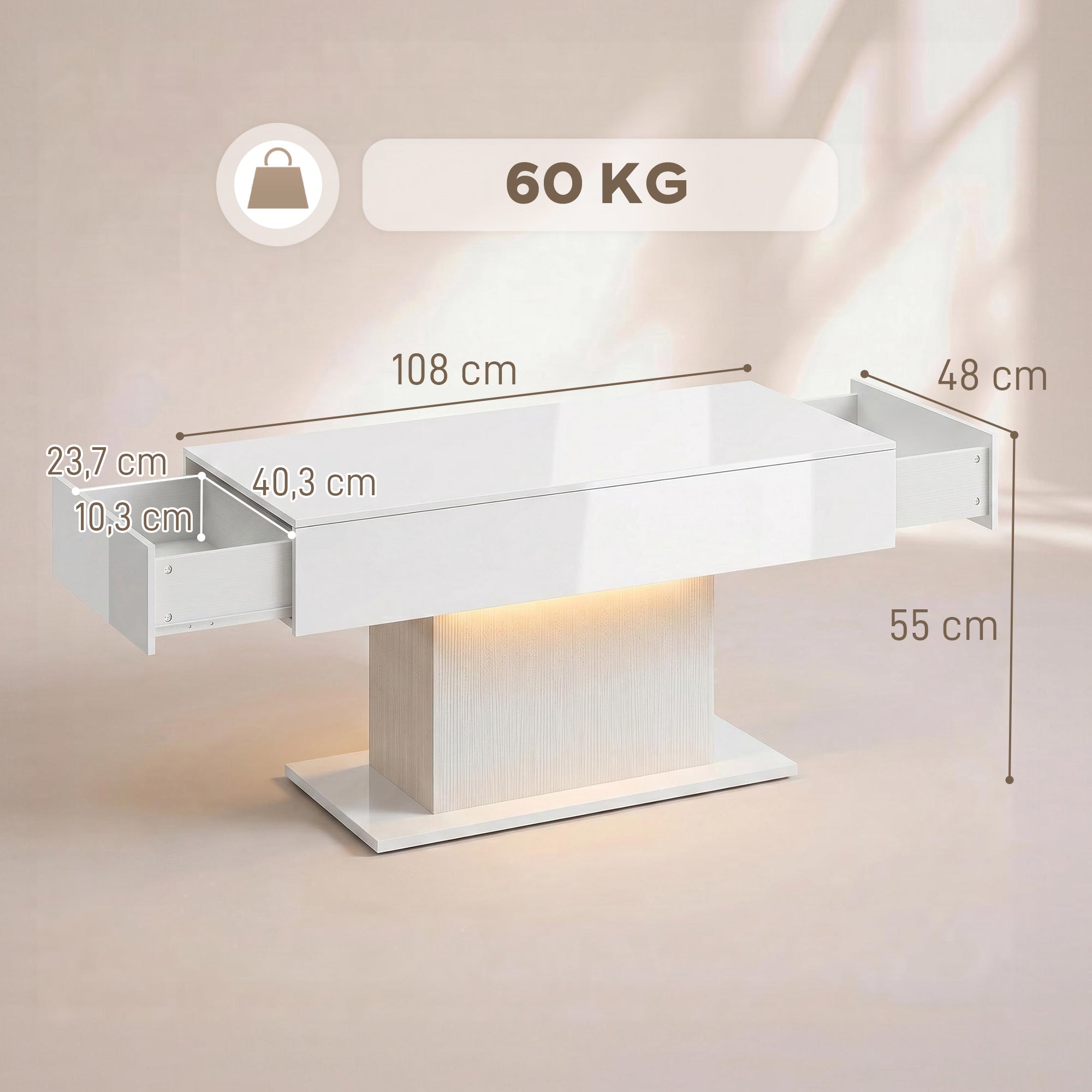High-Gloss Coffee Table with LED Lighting, Modern Side Table with 2 Drawers, Remote-Controlled, 108 x 48 x 55 cm (42.5 x 18.9 x 21.7 in) – White