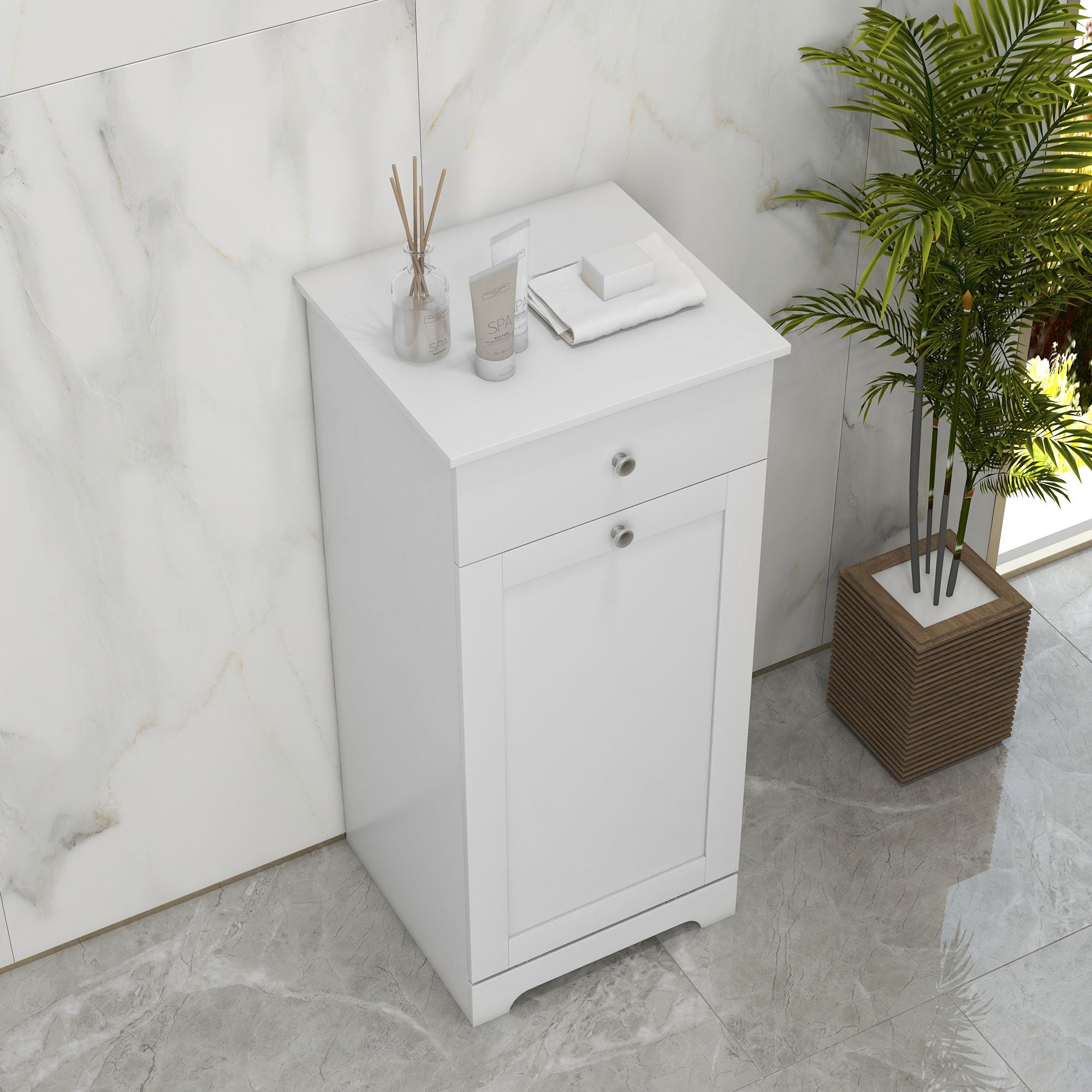 Bathroom Cabinet with Folding Laundry Basket, Storage Cabinet with Drawer - 40L x 40W x 90.5H cm - White