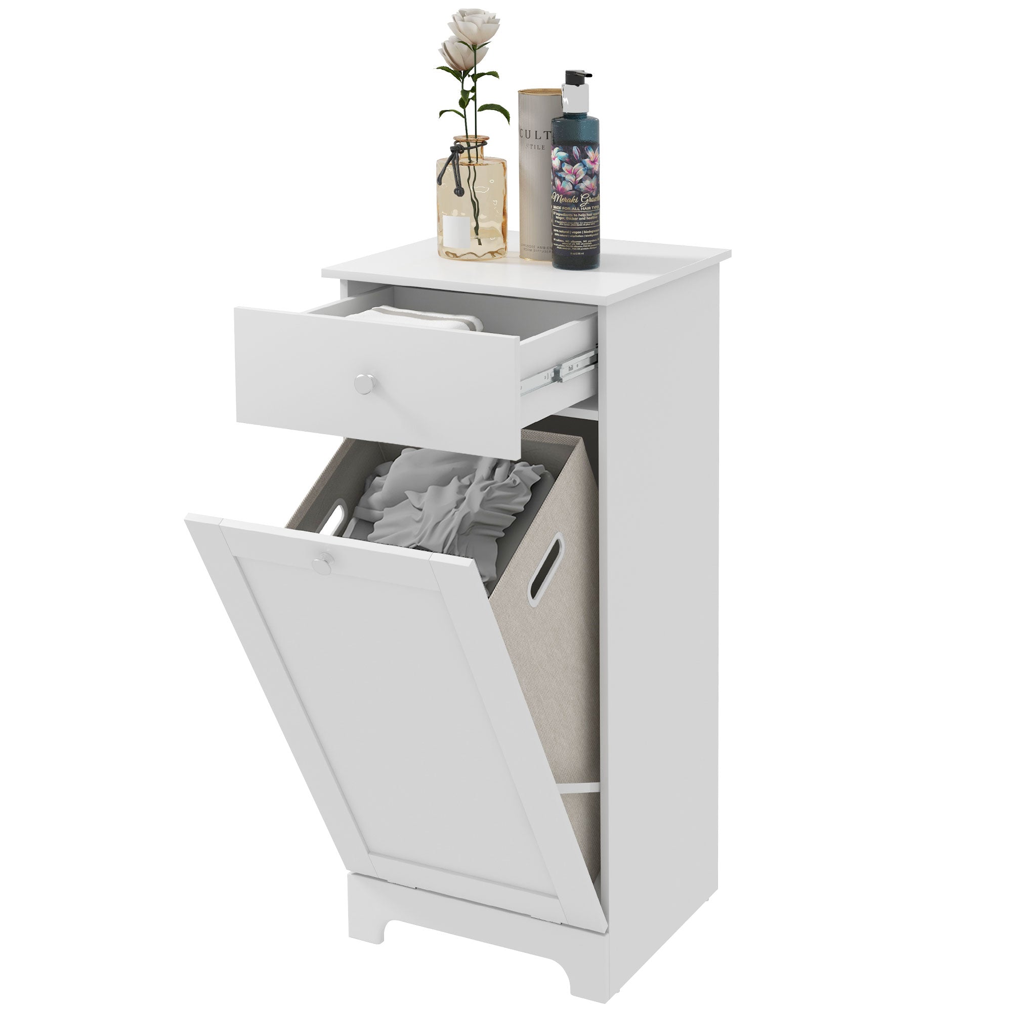 Bathroom Cabinet with Folding Laundry Basket, Storage Cabinet with Drawer - 40L x 40W x 90.5H cm - White