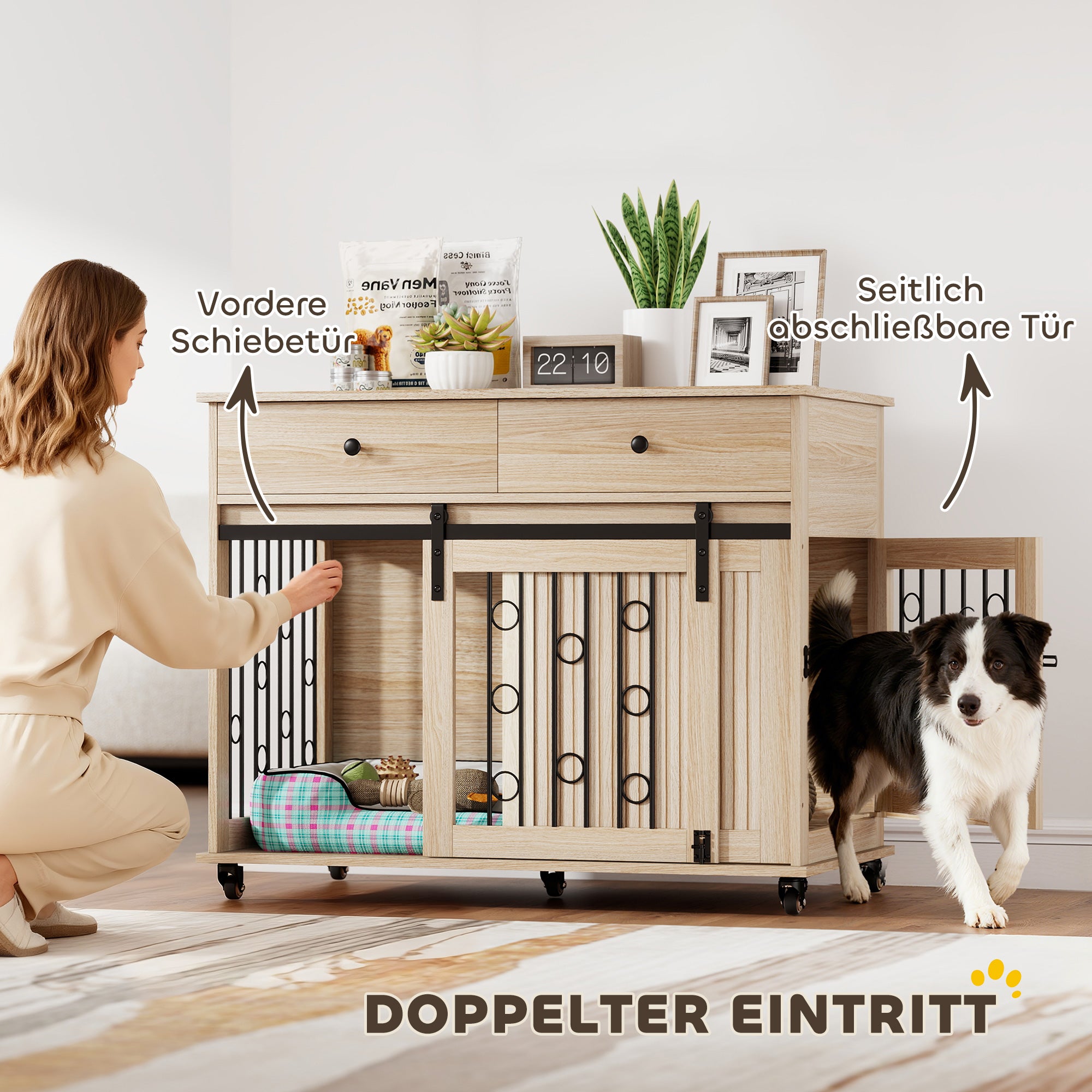 Home Dog Crate 39.4 in with Wheels, Drawer, Sliding Front Door & Lockable Side Door — Oak