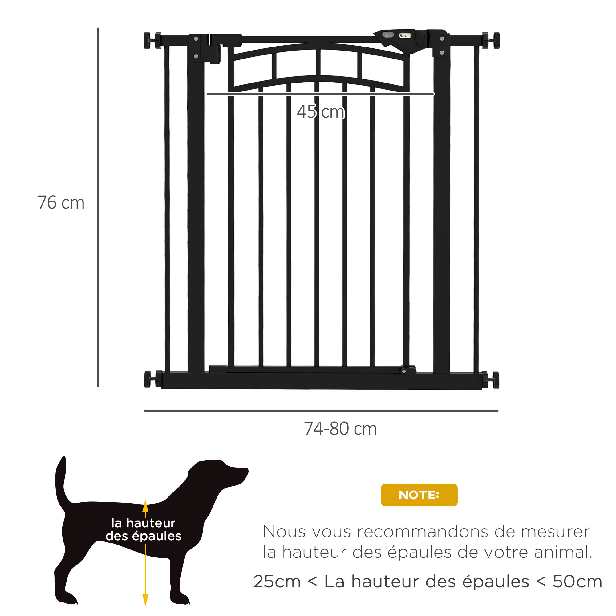Expandable Dog Safety Gate 74-80 cm, Double Locking, Auto Close, Pressure Mount Stair Gate, 76 cm Height, Black