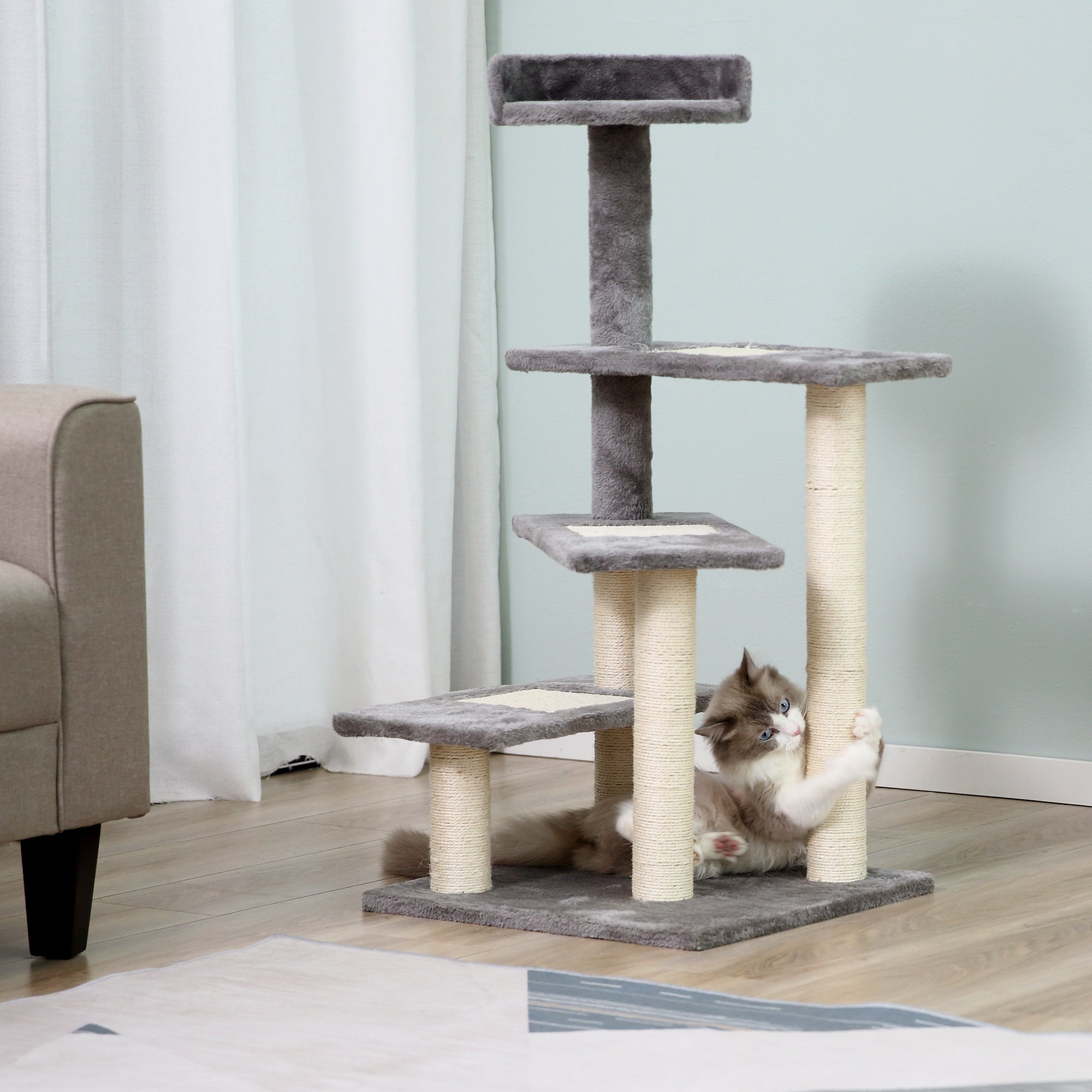 Cat Tree Cat Scratching Post Playhouse Cat Climbing Tree Stairs 5 Layers Beige Grey 48.5 x 48.5 x 100 cm (LxWxH)