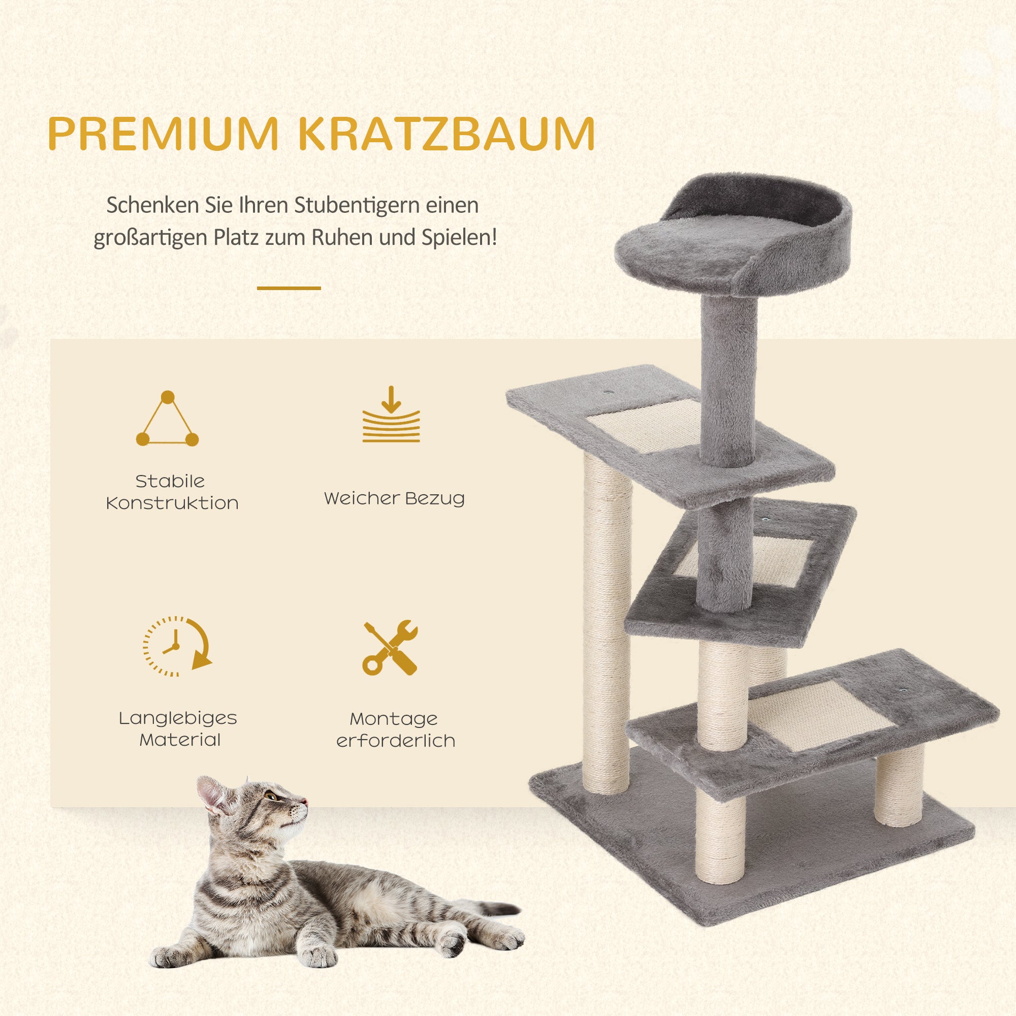 Cat Tree Cat Scratching Post Playhouse Cat Climbing Tree Stairs 5 Layers Beige Grey 48.5 x 48.5 x 100 cm (LxWxH)
