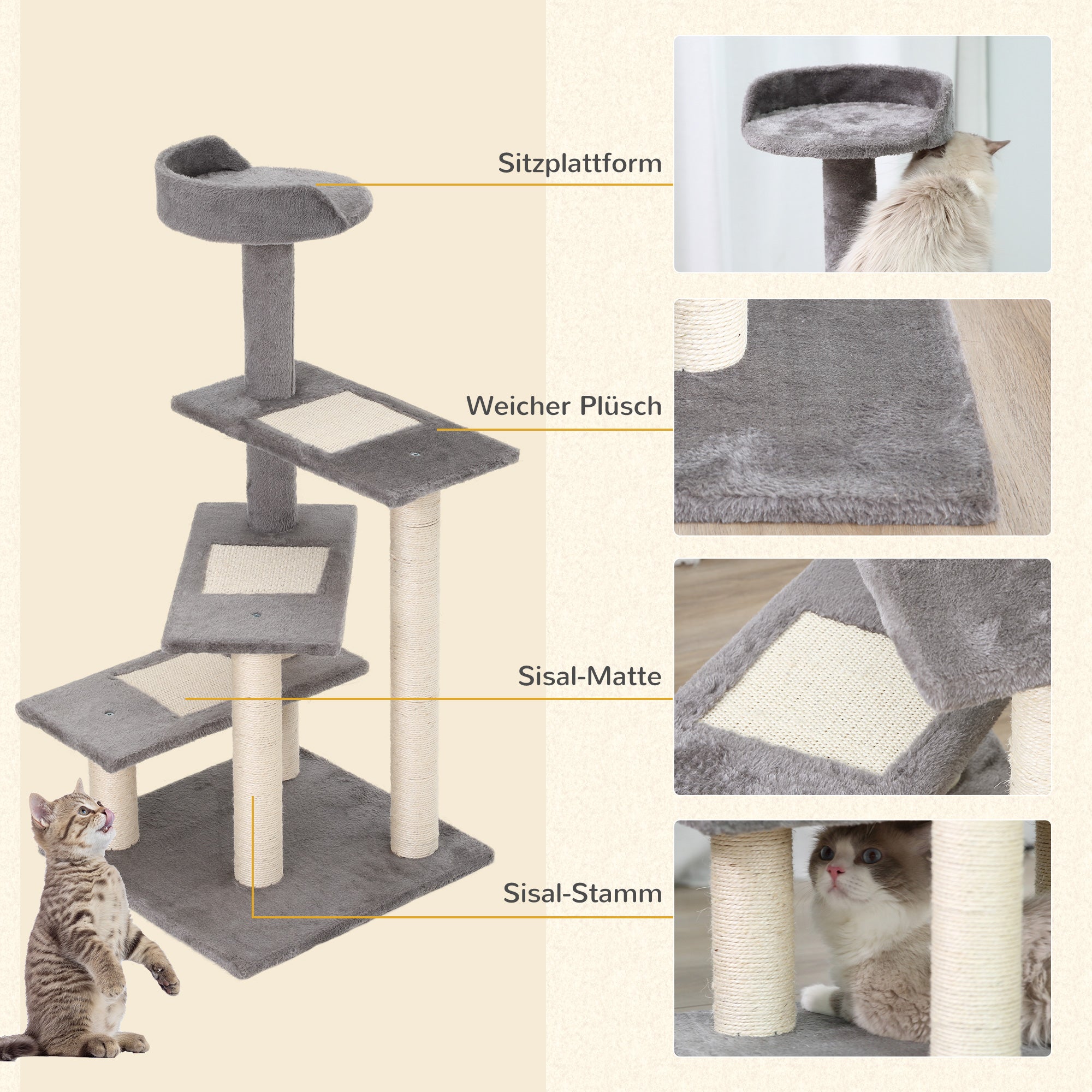 Cat Tree Cat Scratching Post Playhouse Cat Climbing Tree Stairs 5 Layers Beige Grey 48.5 x 48.5 x 100 cm (LxWxH)