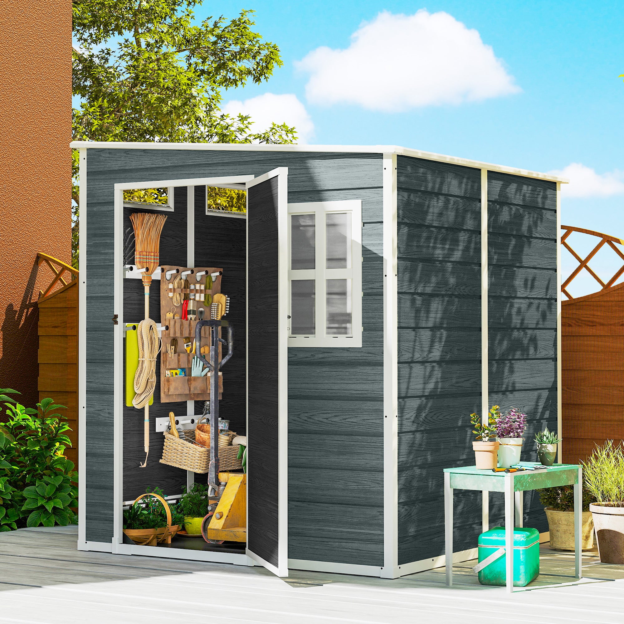 6 ft x 6 ft Weathered Gray Garden Shed with Floor, Wood-Effect Panels, Lockable Door & Windows for Patio, Lawn or Garage
