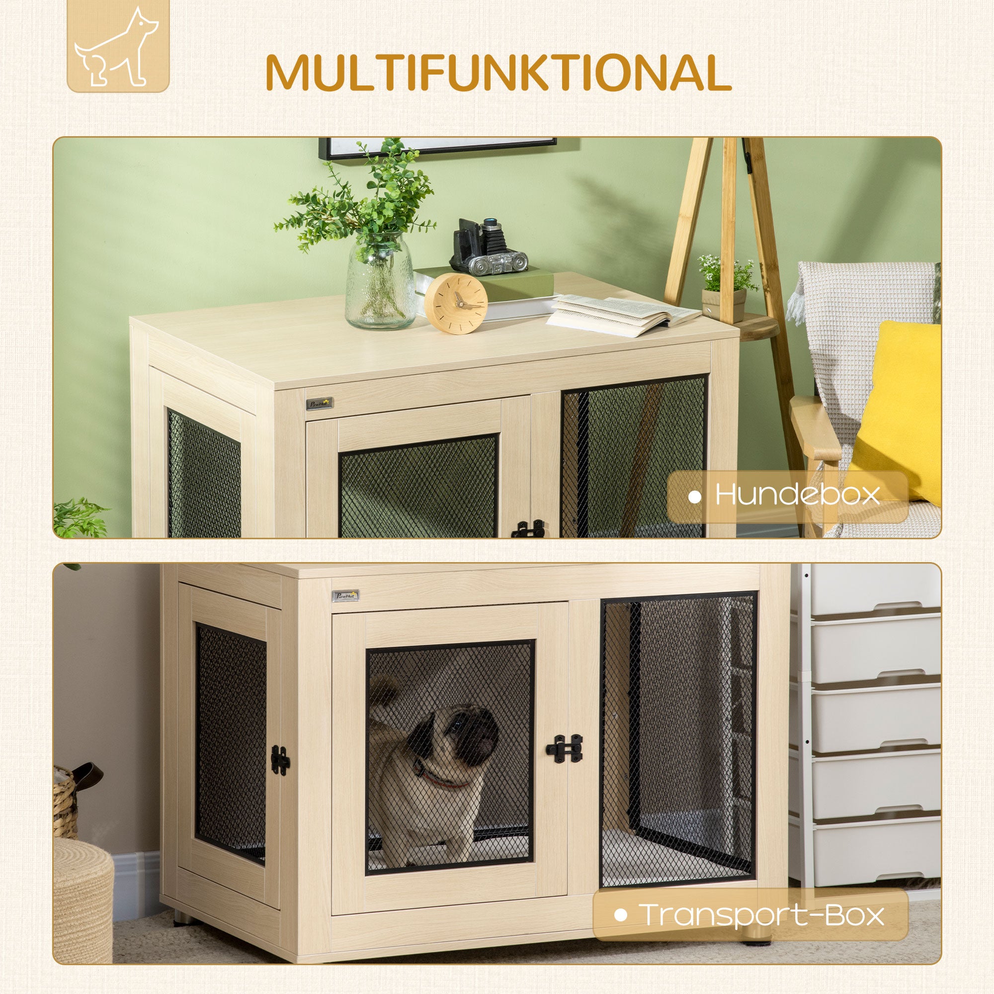 Dog Cage for Home, Dog Crate with 2 Doors, Washable Pillow, Dog House with Adjustable Feet, Latch, for Large Dogs up to 30 kg, Oak, 94 x 60 x 71.5 cm