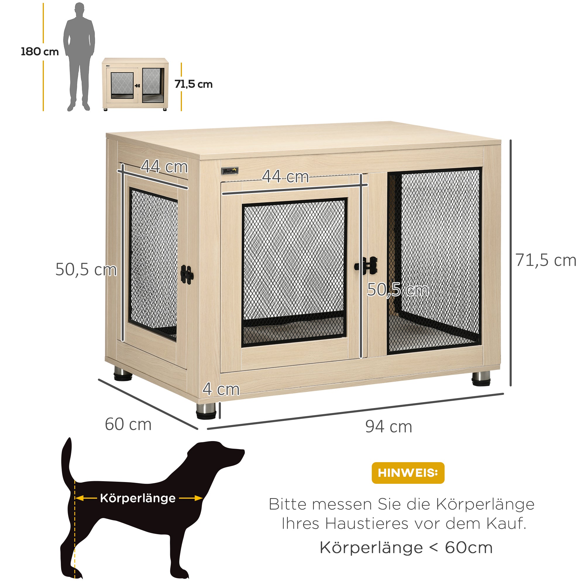 Dog Cage for Home, Dog Crate with 2 Doors, Washable Pillow, Dog House with Adjustable Feet, Latch, for Large Dogs up to 30 kg, Oak, 94 x 60 x 71.5 cm
