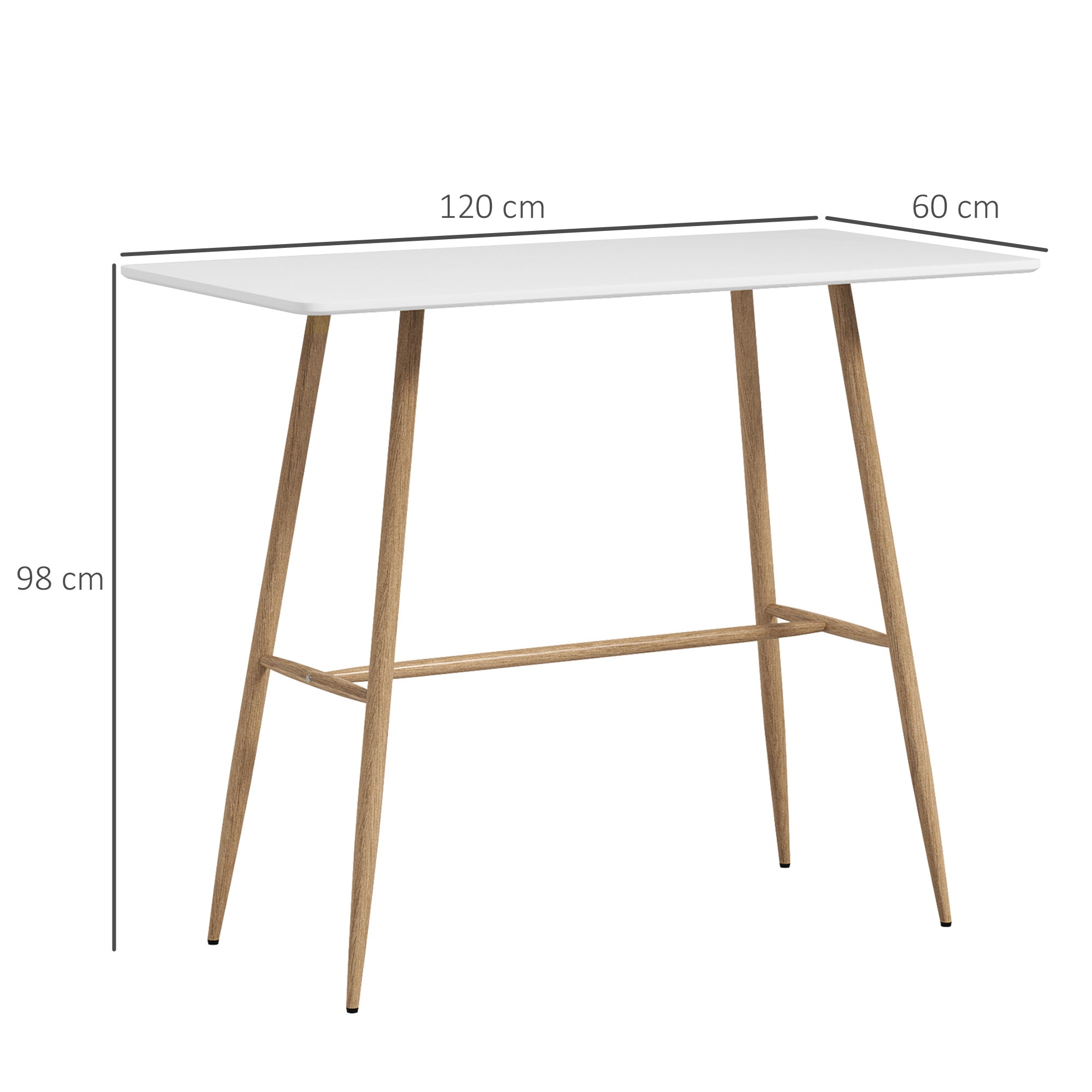 Rectangular 4-Person Bar Table, High Table with Steel Legs Wood Effect, Easy Assembly Bistro Table, for Home Bar, Dining Room, 120 x 60 x 98 cm, White