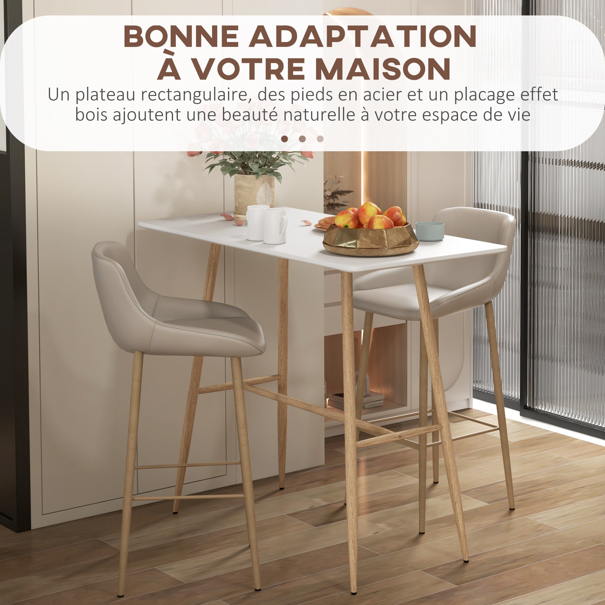 Rectangular 4-Person Bar Table, High Table with Steel Legs Wood Effect, Easy Assembly Bistro Table, for Home Bar, Dining Room, 120 x 60 x 98 cm, White