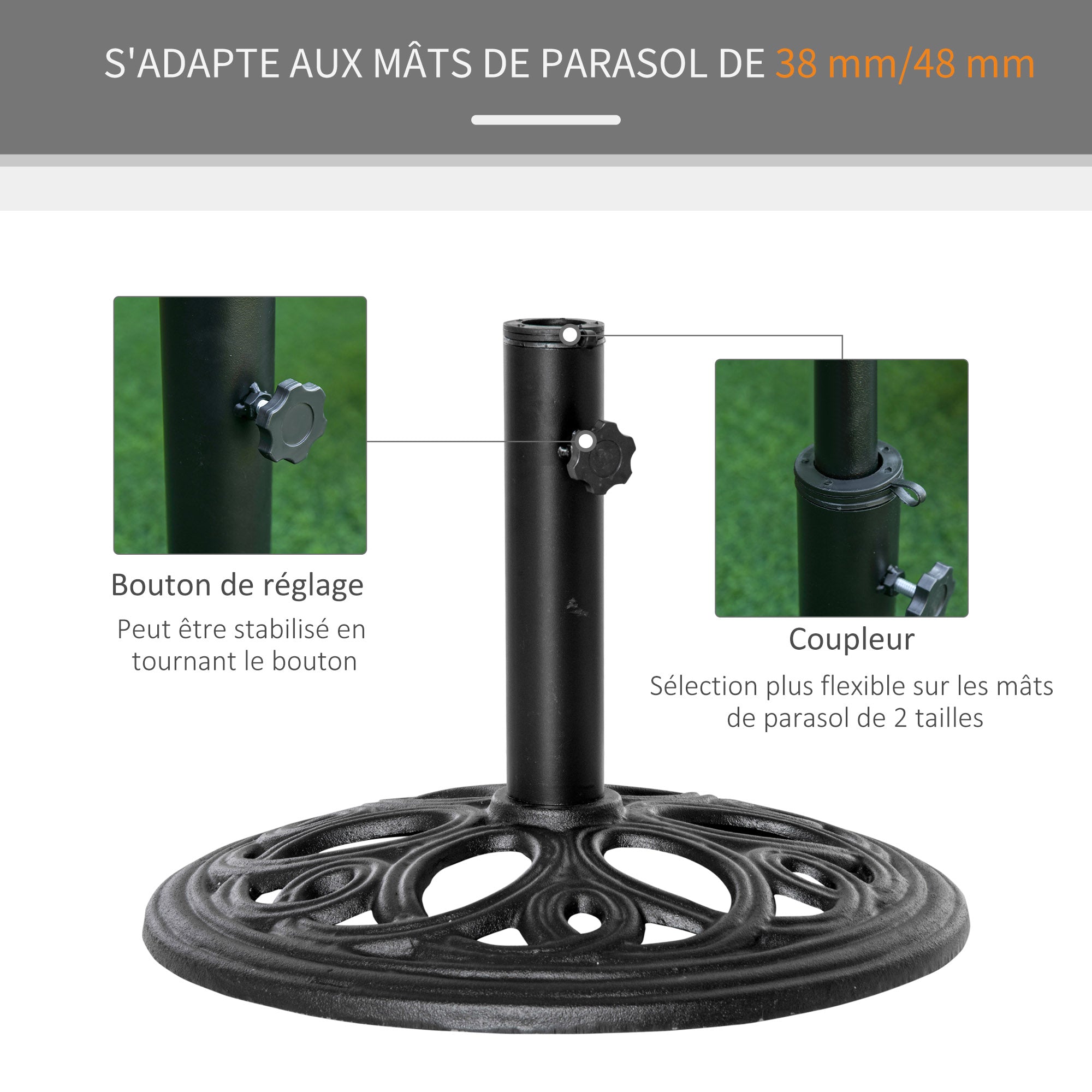 Round 11.5 kg Parasol Base, Outdoor Cast Iron Umbrella Stand for Ø 38 and 48 mm Pole, Patio Garden Terrace Umbrella Base, Ø 45 x 33.5 cm, Black