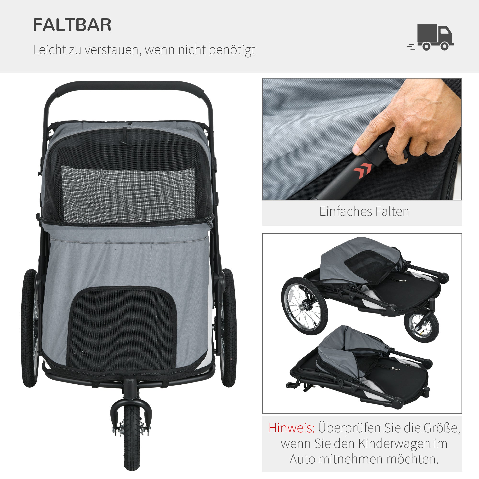 Dog Wagon Dog Stroller with Mesh Windows, Foldable Cat Cart with Safety Leash, Large Rubber Wheels for Medium, Large Dogs up to 30 kg, Oxford, Grey