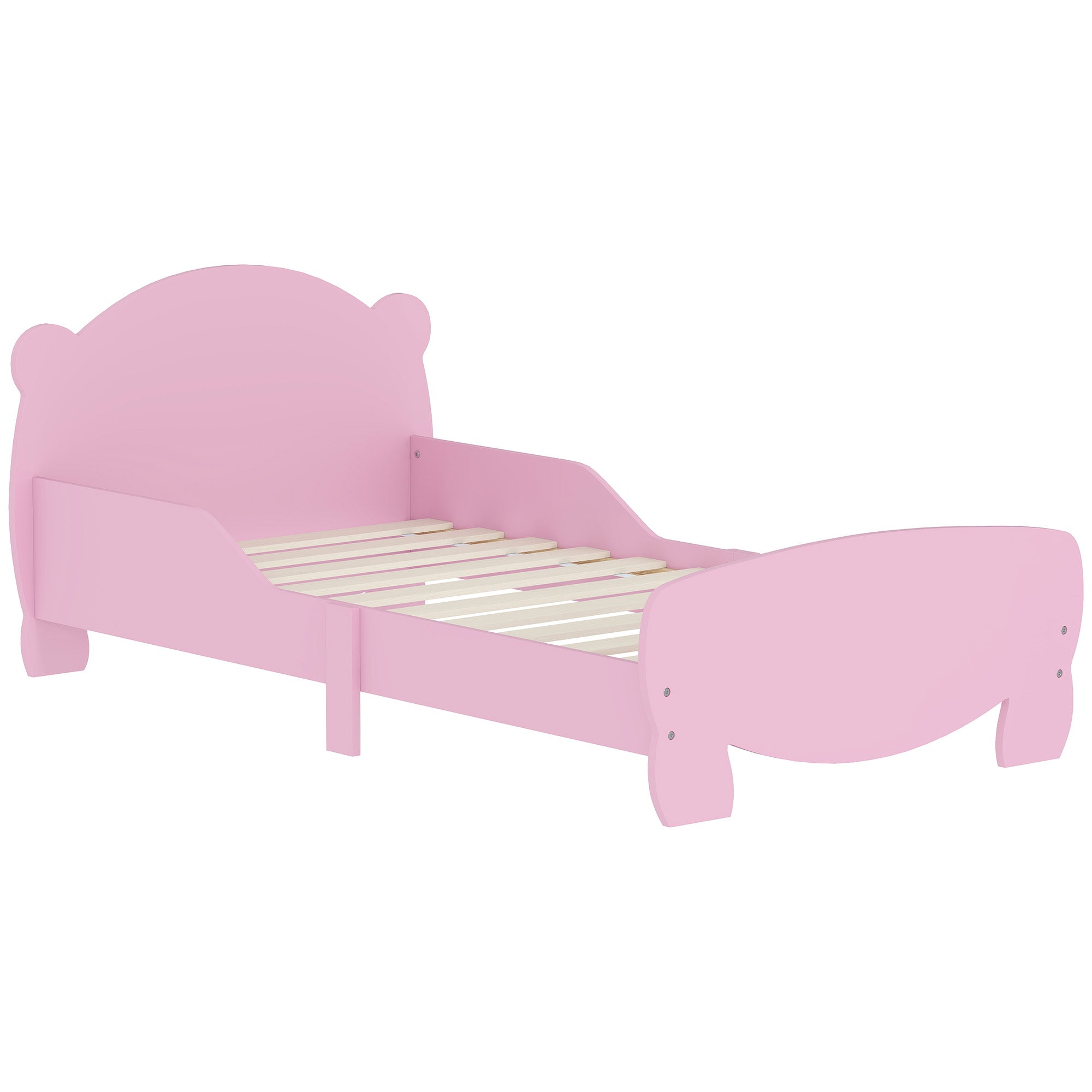 Montessori Children's Bed 3-6 Years, 140x70 cm Single Children's Bed with Anti-Fall Rails and Bear Shaped Wooden Slatted Base for Kids' Room, Pink
