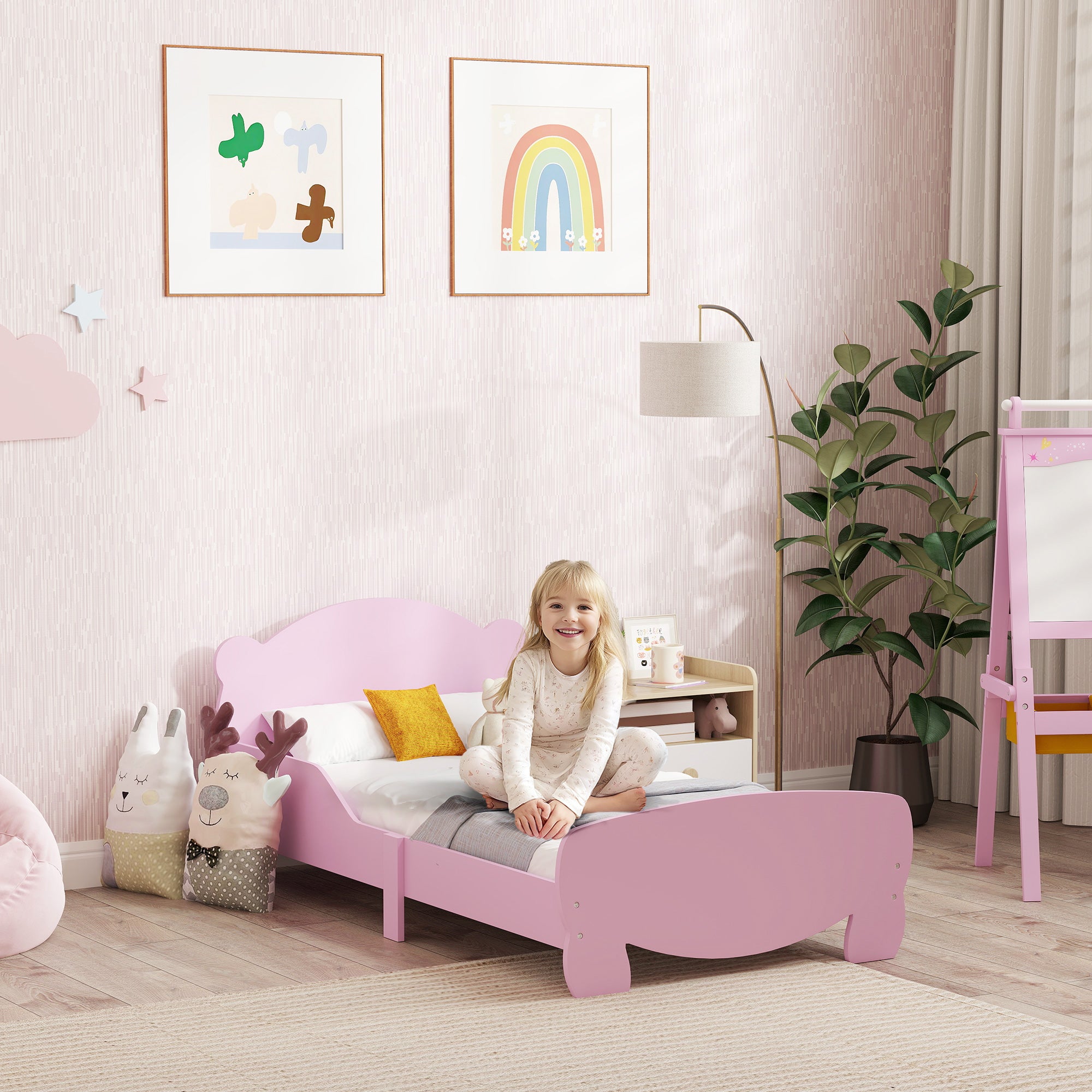 Montessori Children's Bed 3-6 Years, 140x70 cm Single Children's Bed with Anti-Fall Rails and Bear Shaped Wooden Slatted Base for Kids' Room, Pink