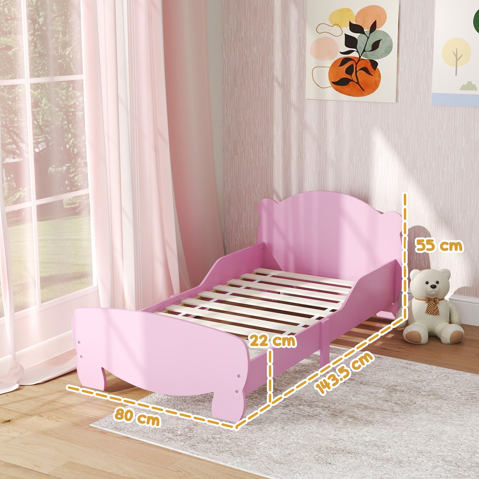 Montessori Children's Bed 3-6 Years, 140x70 cm Single Children's Bed with Anti-Fall Rails and Bear Shaped Wooden Slatted Base for Kids' Room, Pink