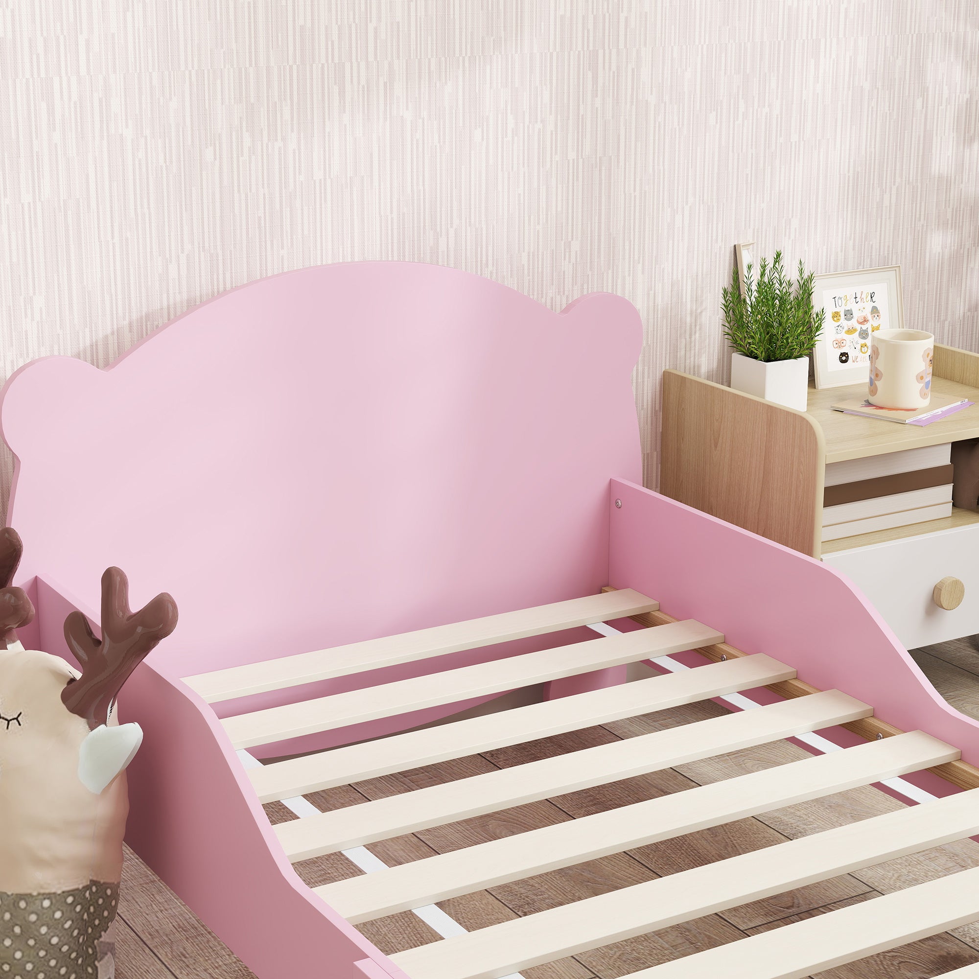 Montessori Children's Bed 3-6 Years, 140x70 cm Single Children's Bed with Anti-Fall Rails and Bear Shaped Wooden Slatted Base for Kids' Room, Pink