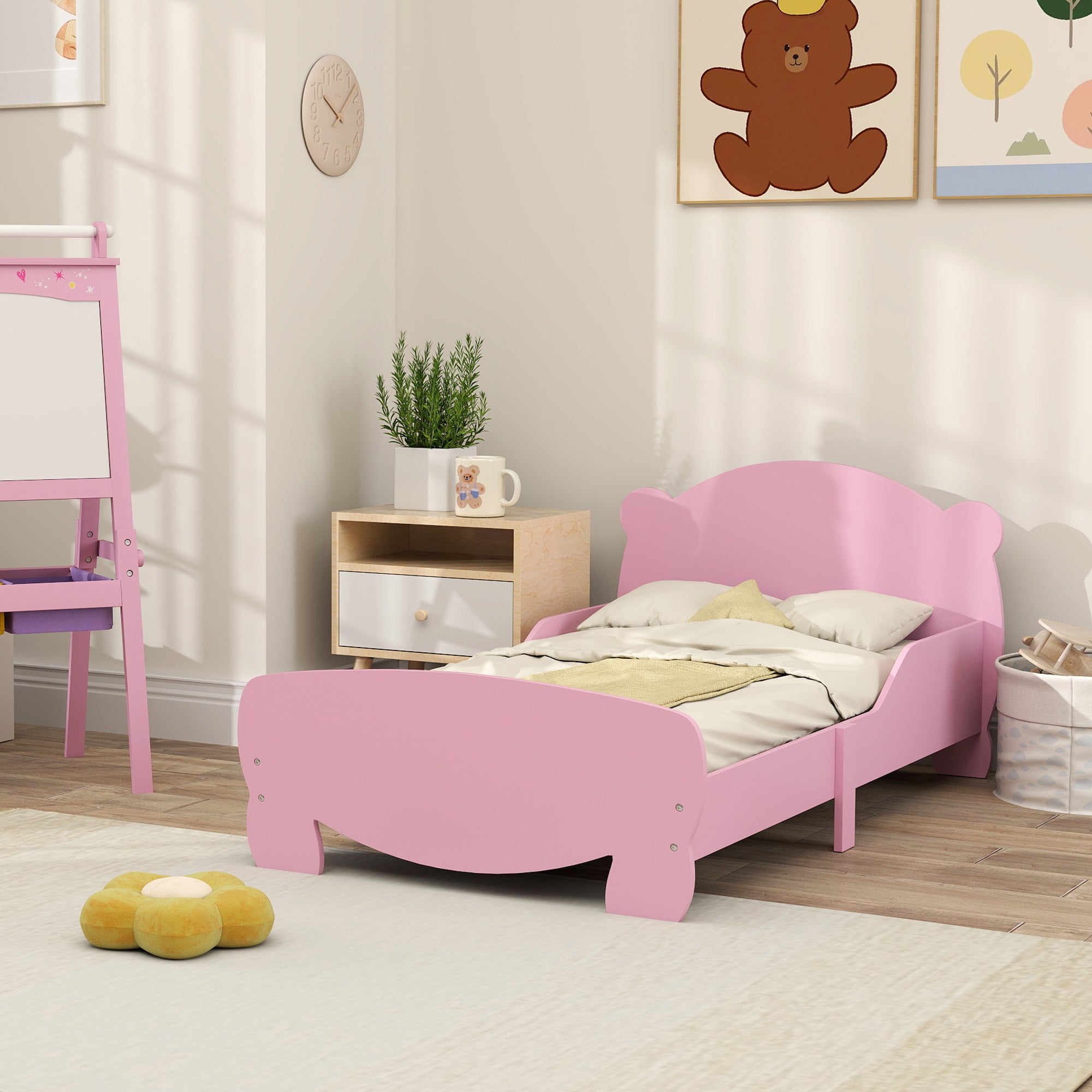 Montessori Children's Bed 3-6 Years, 140x70 cm Single Children's Bed with Anti-Fall Rails and Bear Shaped Wooden Slatted Base for Kids' Room, Pink