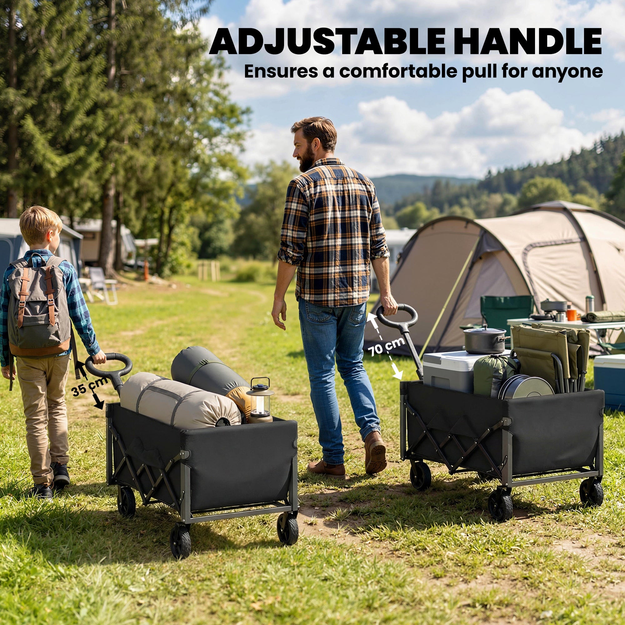 80L Foldable Wagon with Telescoping Handle, Tailgate & Cup Holders — Beach, Garden & Transport Cart, 330 lb Capacity, Black