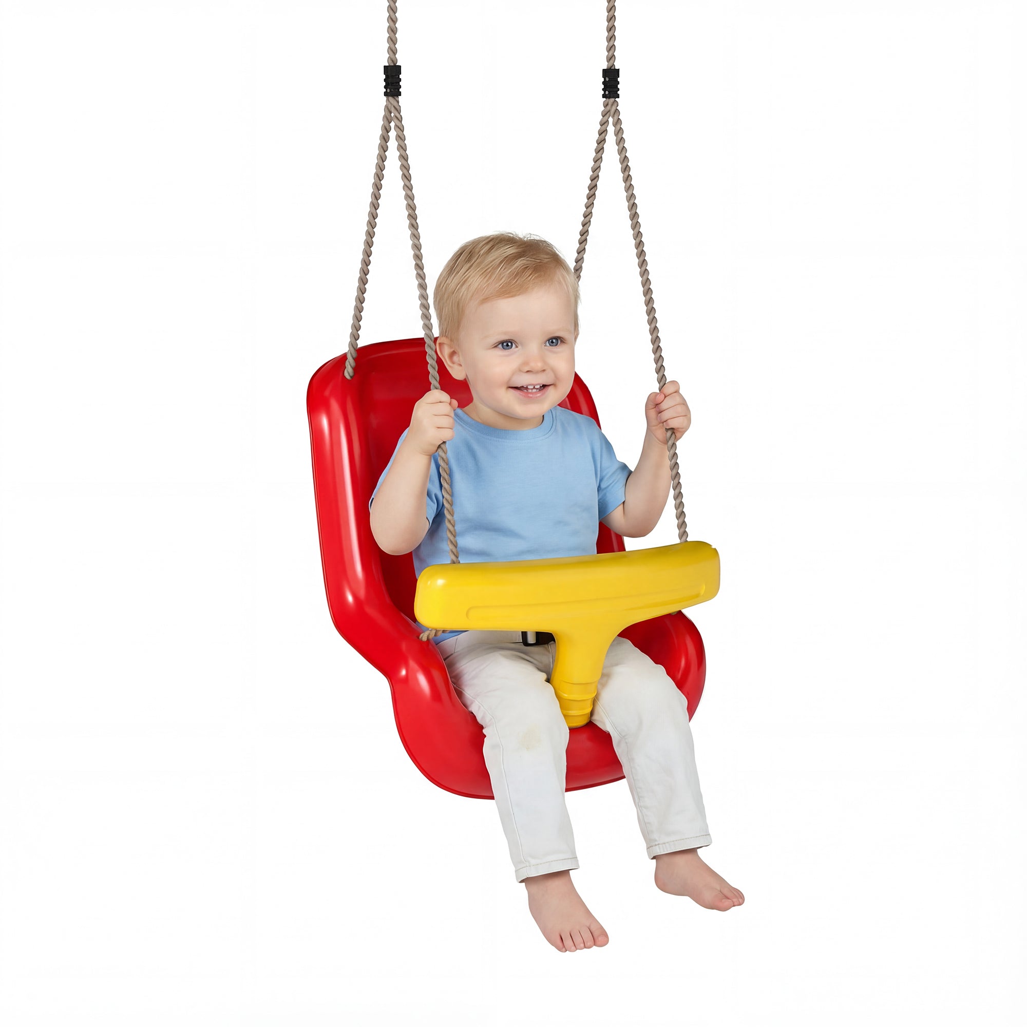 Toddler Swing with High Back & T-Safety Rail, Adjustable Rope — Indoor/Outdoor, Red