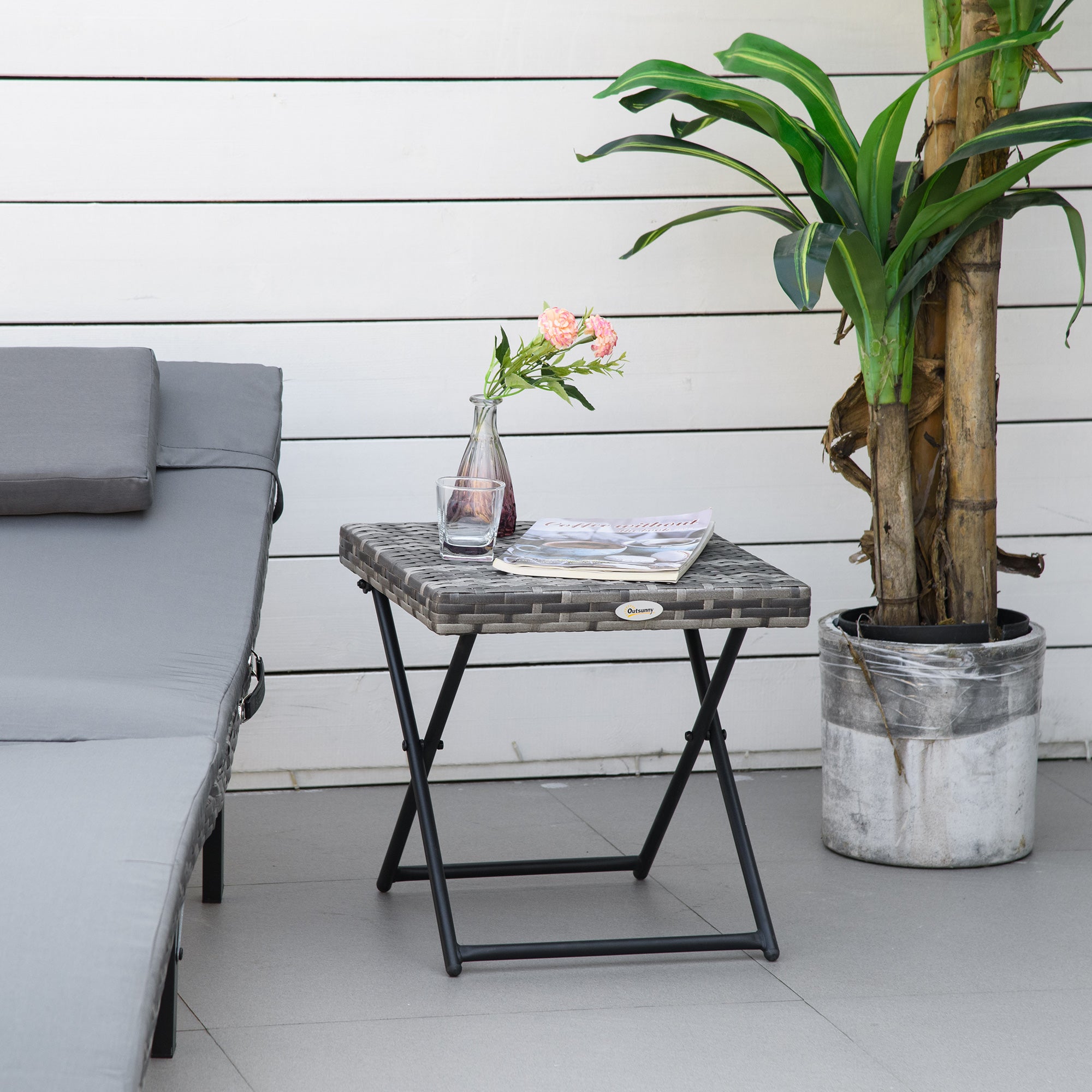 Folding Poly Rattan Side Table Coffee Table Tray Balcony Table Garden Table Sofa Table Tea Table Furniture for Garden Terrace Balcony, 40x40x40cm Grey