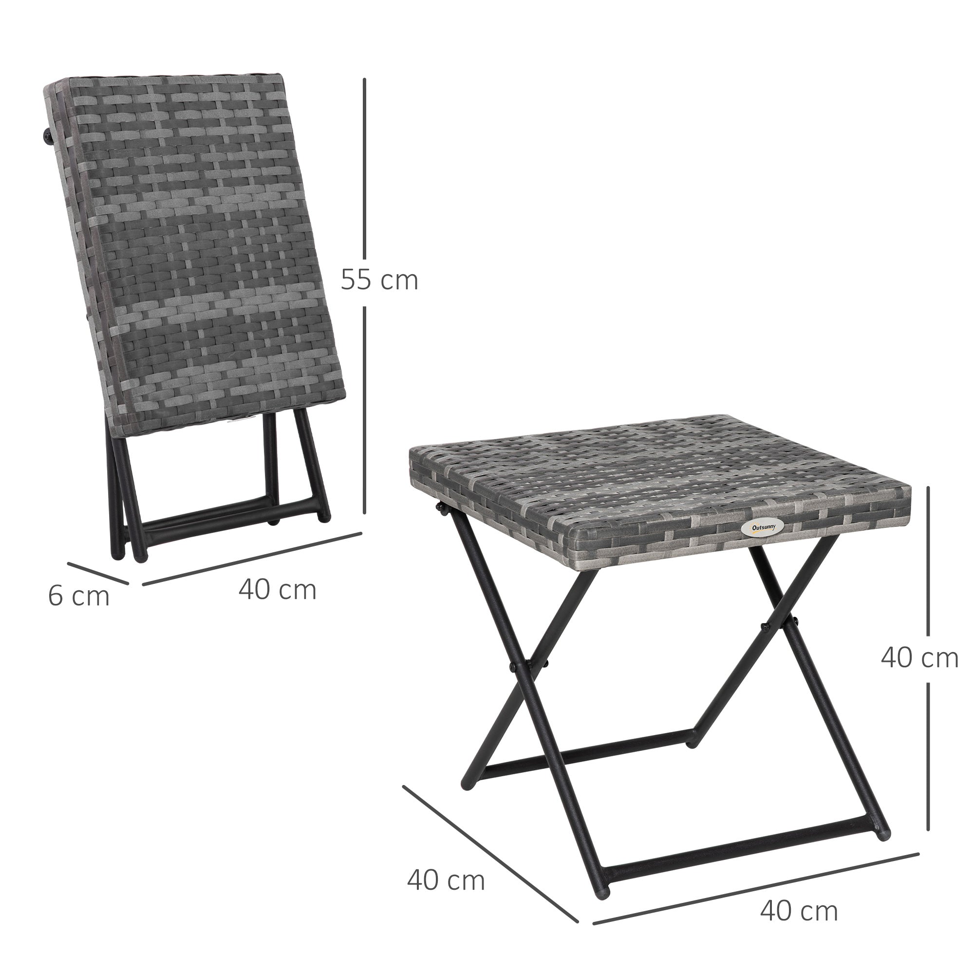 Folding Poly Rattan Side Table Coffee Table Tray Balcony Table Garden Table Sofa Table Tea Table Furniture for Garden Terrace Balcony, 40x40x40cm Grey