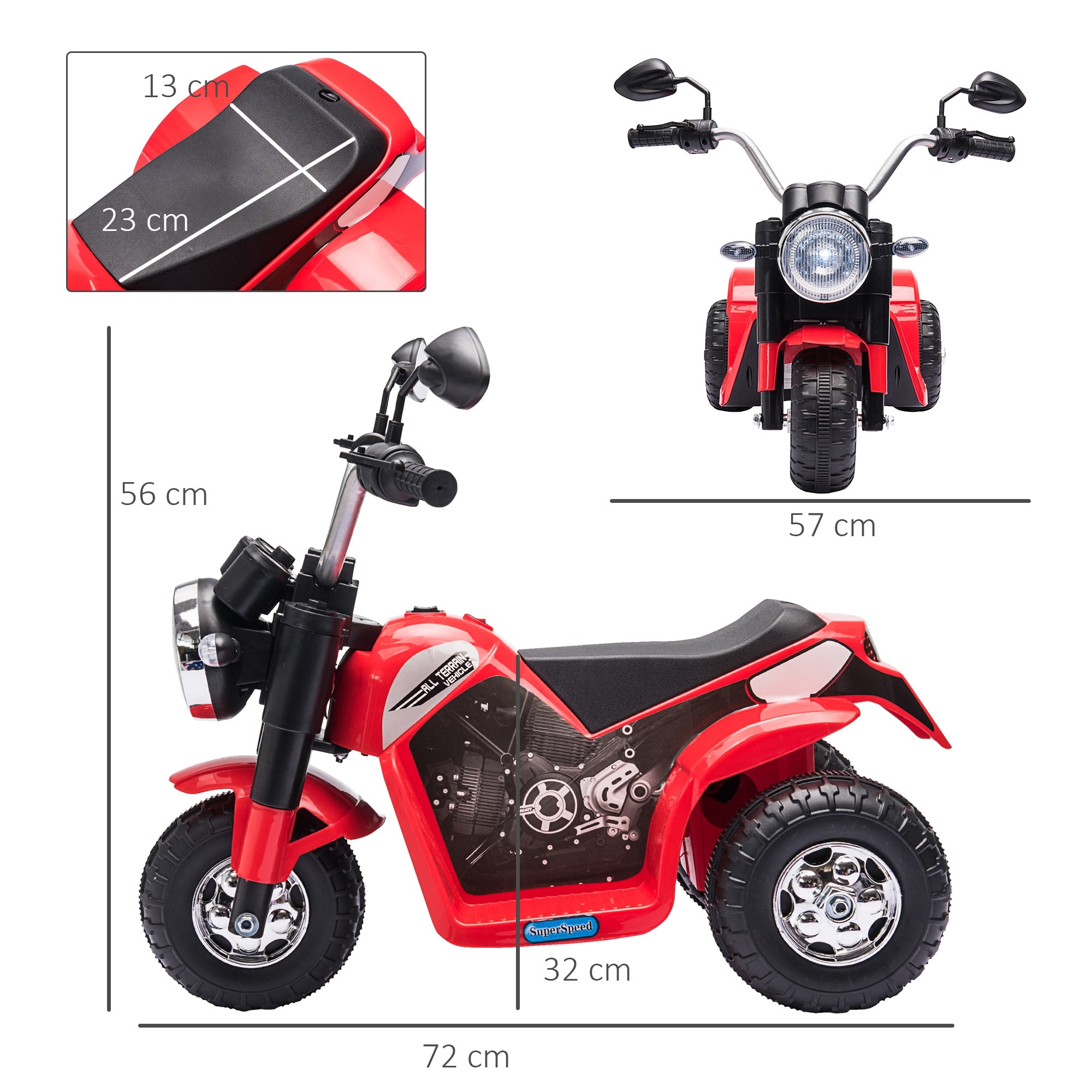 Kids Electric Motorcycle with 3 Wheels Electric Bike for Children 18-36 Months Battery Powered Tricycle 6V with Headlight Horn 72x57x56 cm Red