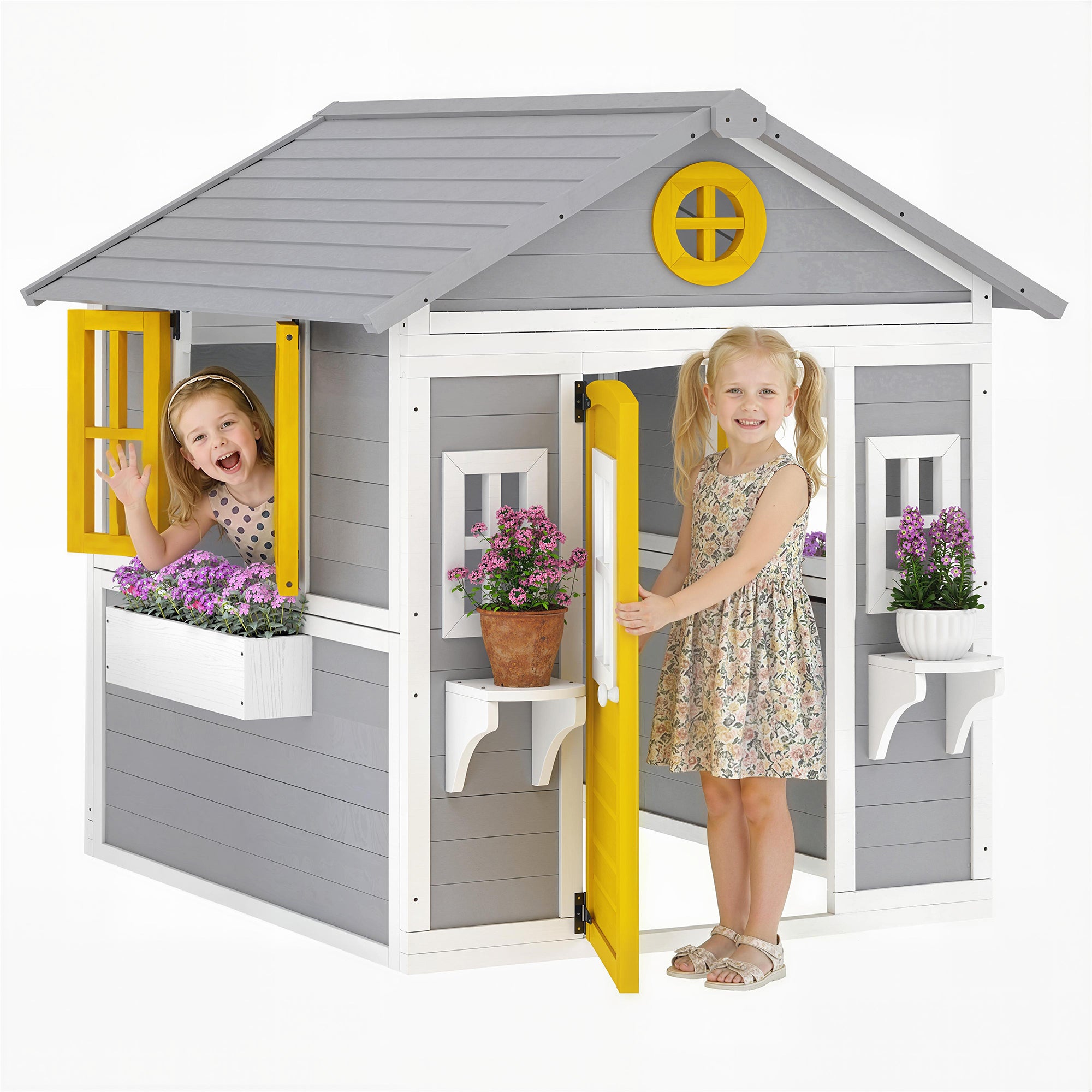 Wooden Indoor/Outdoor Playhouse with Door, Windows, Planters & Shelves — Gray, Ages 3–8