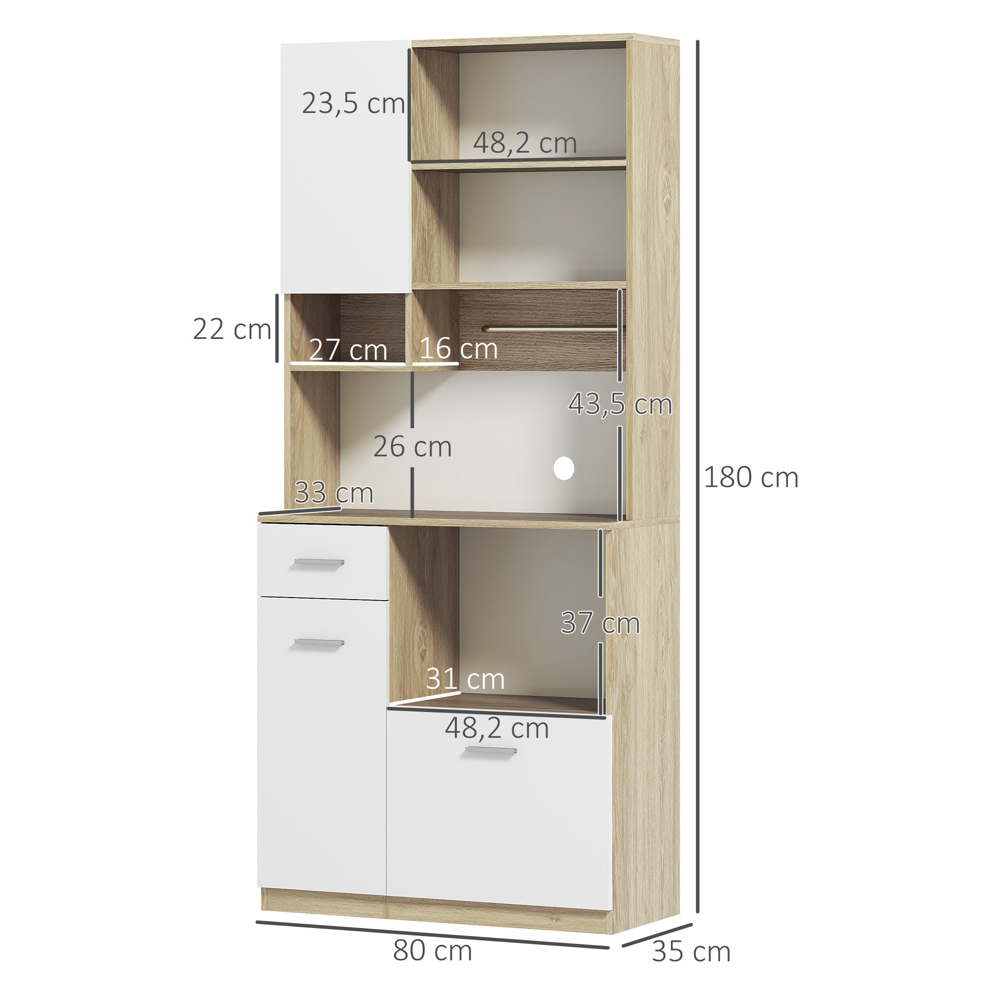 Kitchen Cabinet Buffet Sideboard Storage Cabinet Modern Style with Adjustable Shelves, Drawer, Countertop, Cable Management, for Dining Room, Living Room, 80 x 35 x 180 cm, Wood Effect