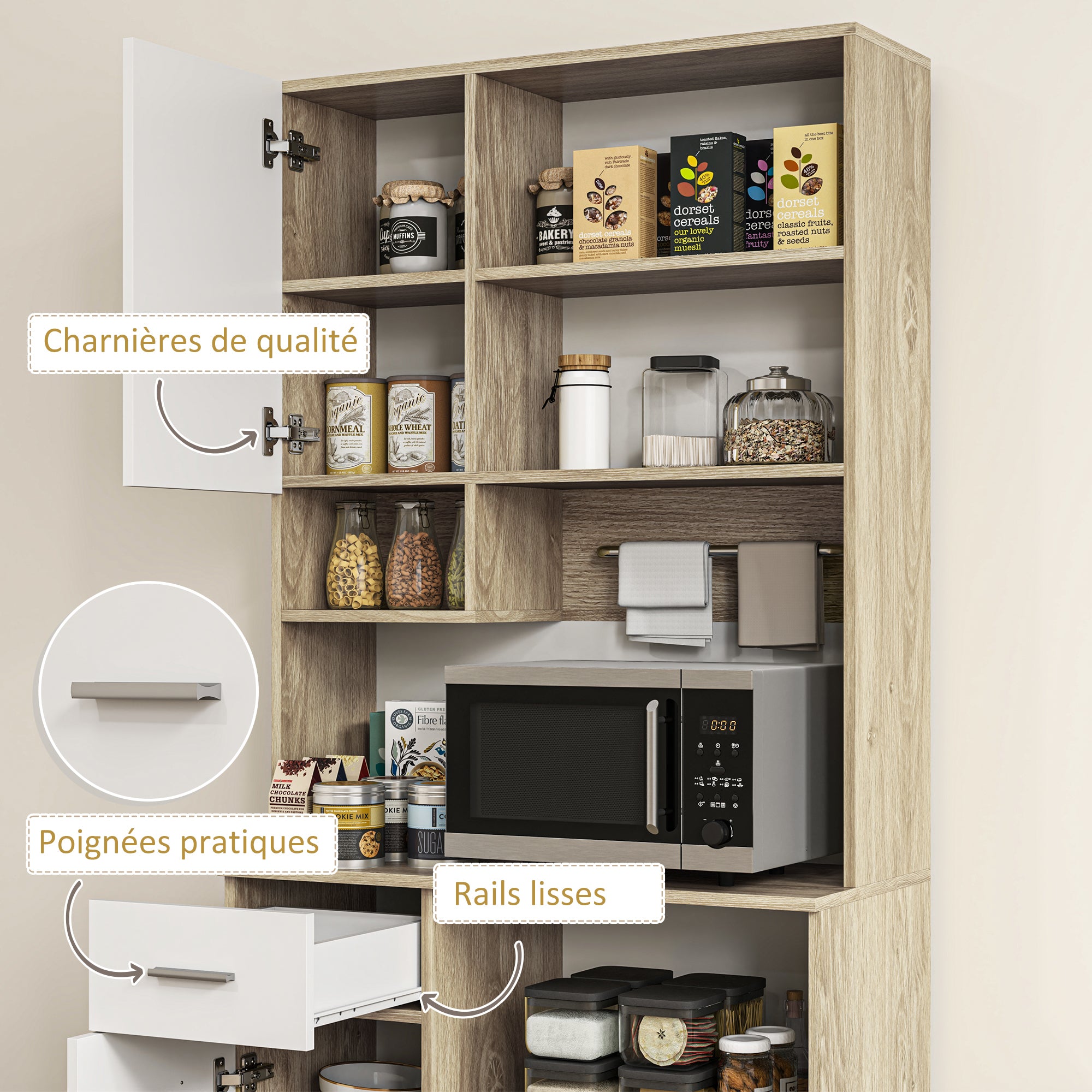 Kitchen Cabinet Buffet Sideboard Storage Cabinet Modern Style with Adjustable Shelves, Drawer, Countertop, Cable Management, for Dining Room, Living Room, 80 x 35 x 180 cm, Wood Effect