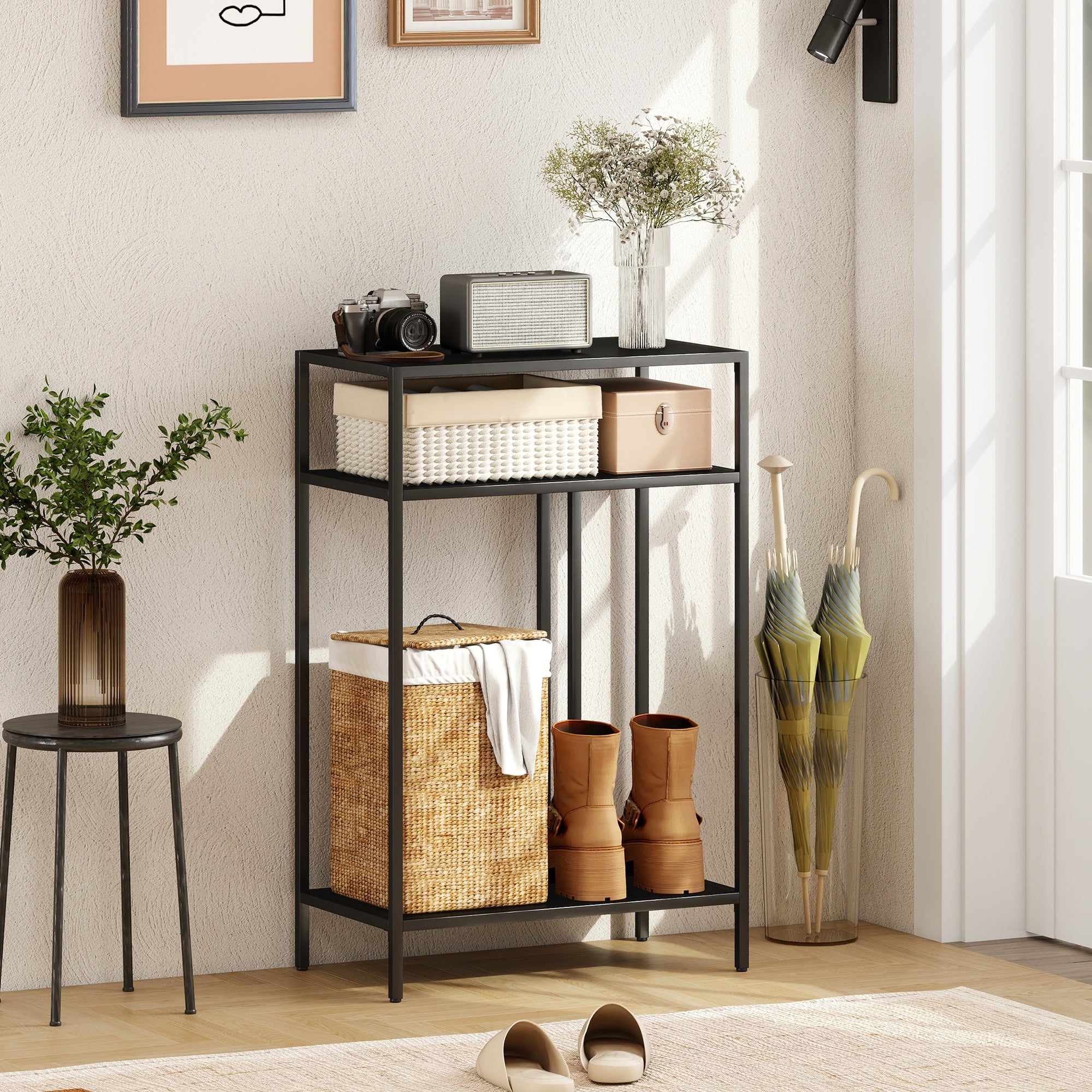 Narrow Console Table with 3 Tiers, Industrial Metal Side Table for Living Room & Hallway, 55 x 30 x 85 cm (21.7 x 11.8 x 33.5 in), Black