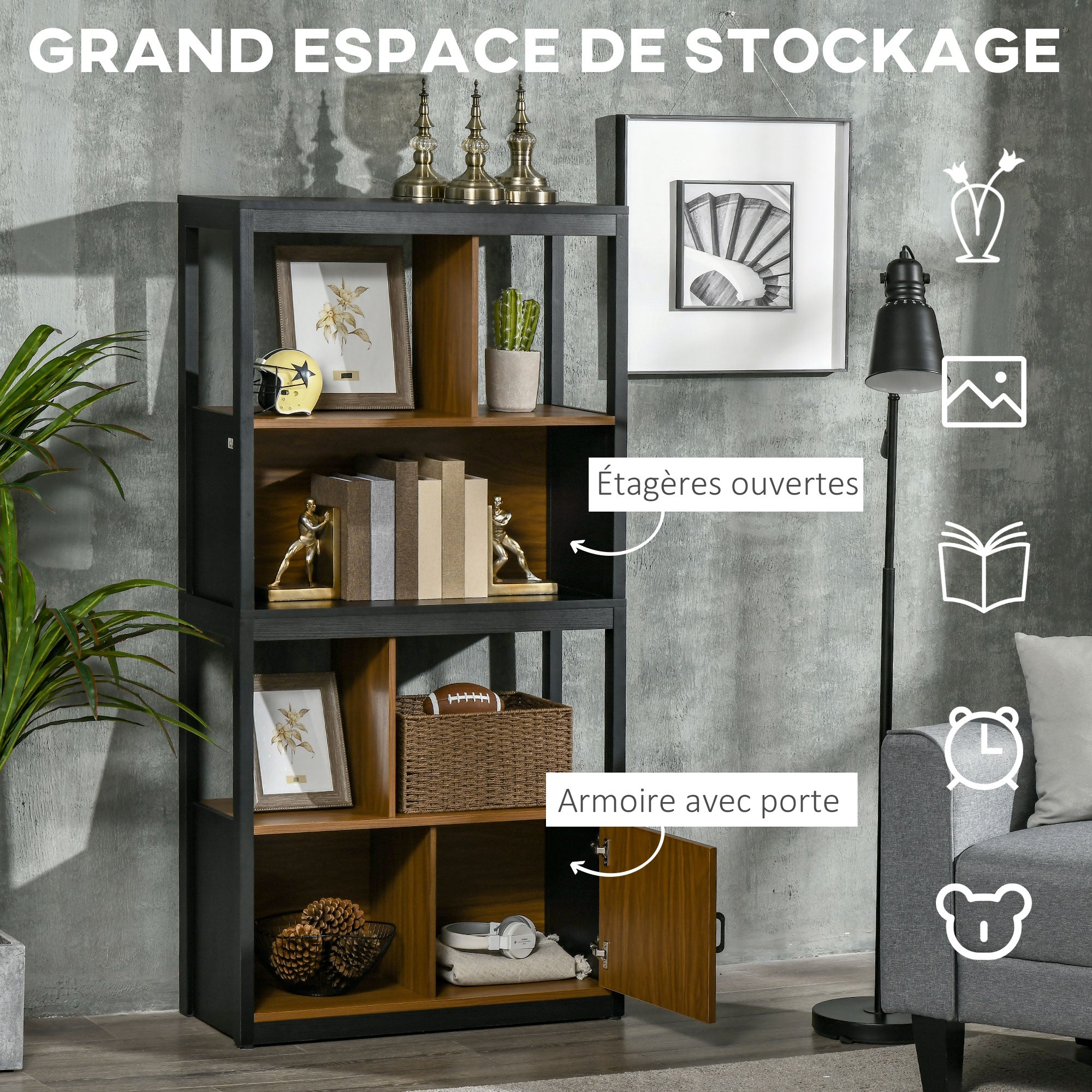 Bookshelf Storage Shelf Furniture 4 Levels and 1 Door for Living Room Bedroom Office 76.5 x 30 x 150 cm