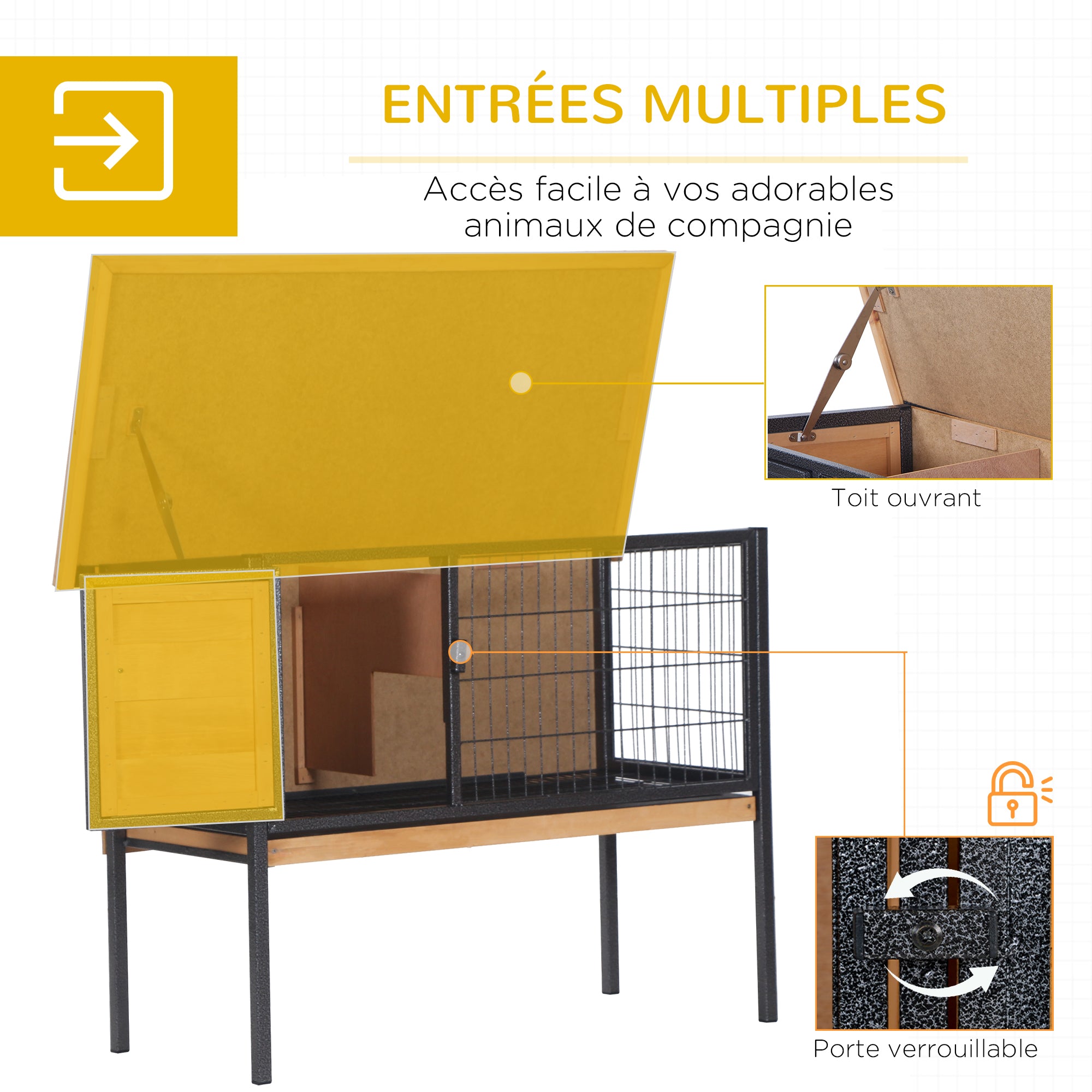 Wooden Rabbit Cage on Legs, Outdoor Hutch for Rodents, Guinea Pigs with Opening Roof - dim. 91.5L x 45W x 70H cm