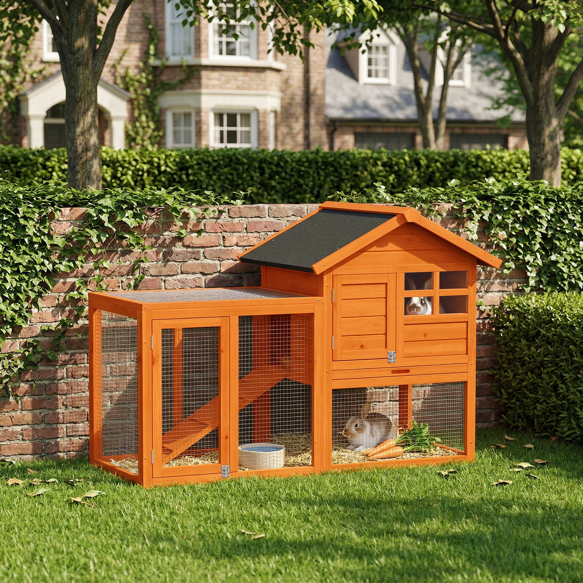 2-Story Wooden Rabbit Hutch, 48.6 x 24.6 x 36.4 in, Waterproof Bitumen Roof, Run with Ramp & Doors – Orange