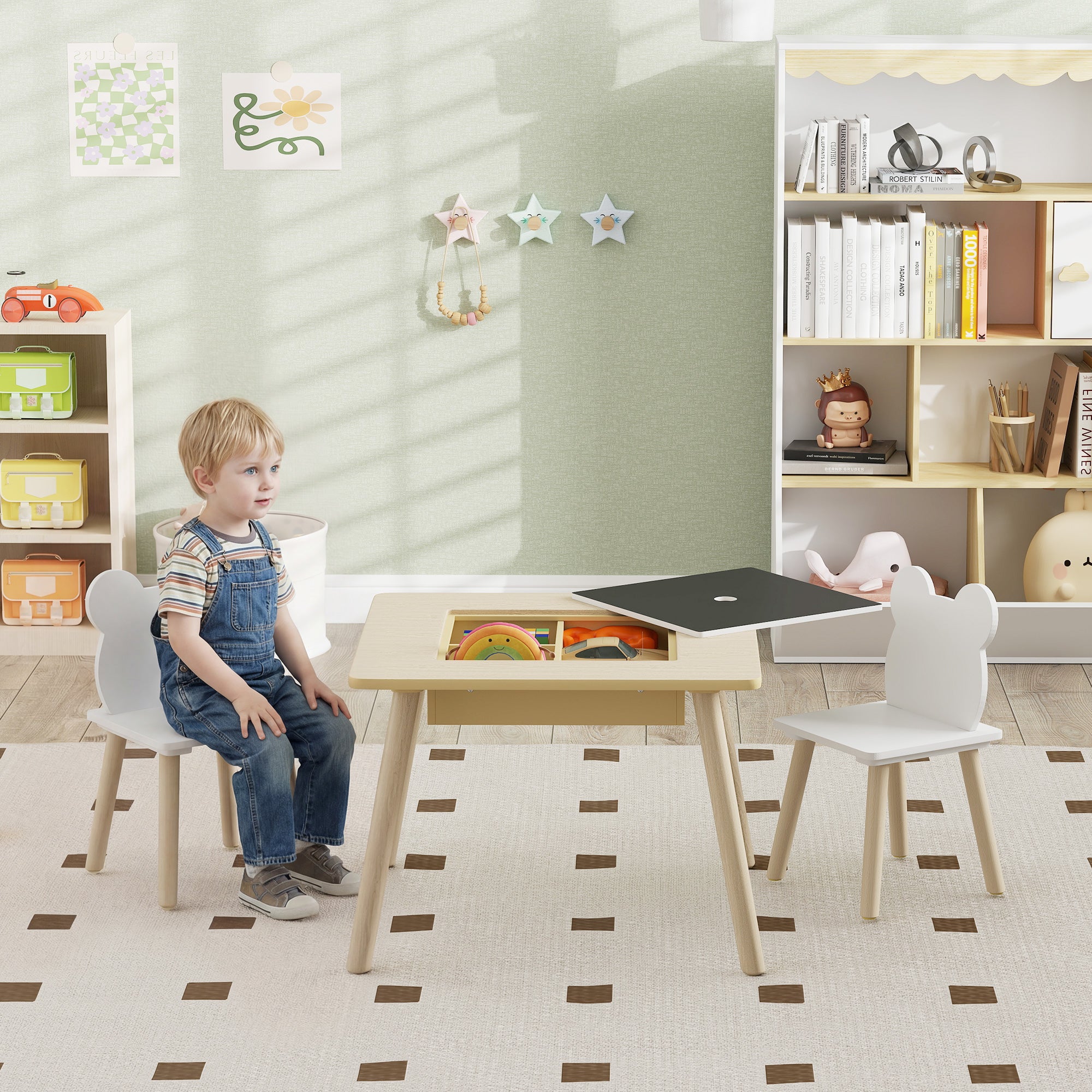 Kids' Table with 2 Chairs — Children's Seating Set with Storage, Flip & Removable Tabletop, Bear-Back Chairs, Natural Wood (Ages 3–6)