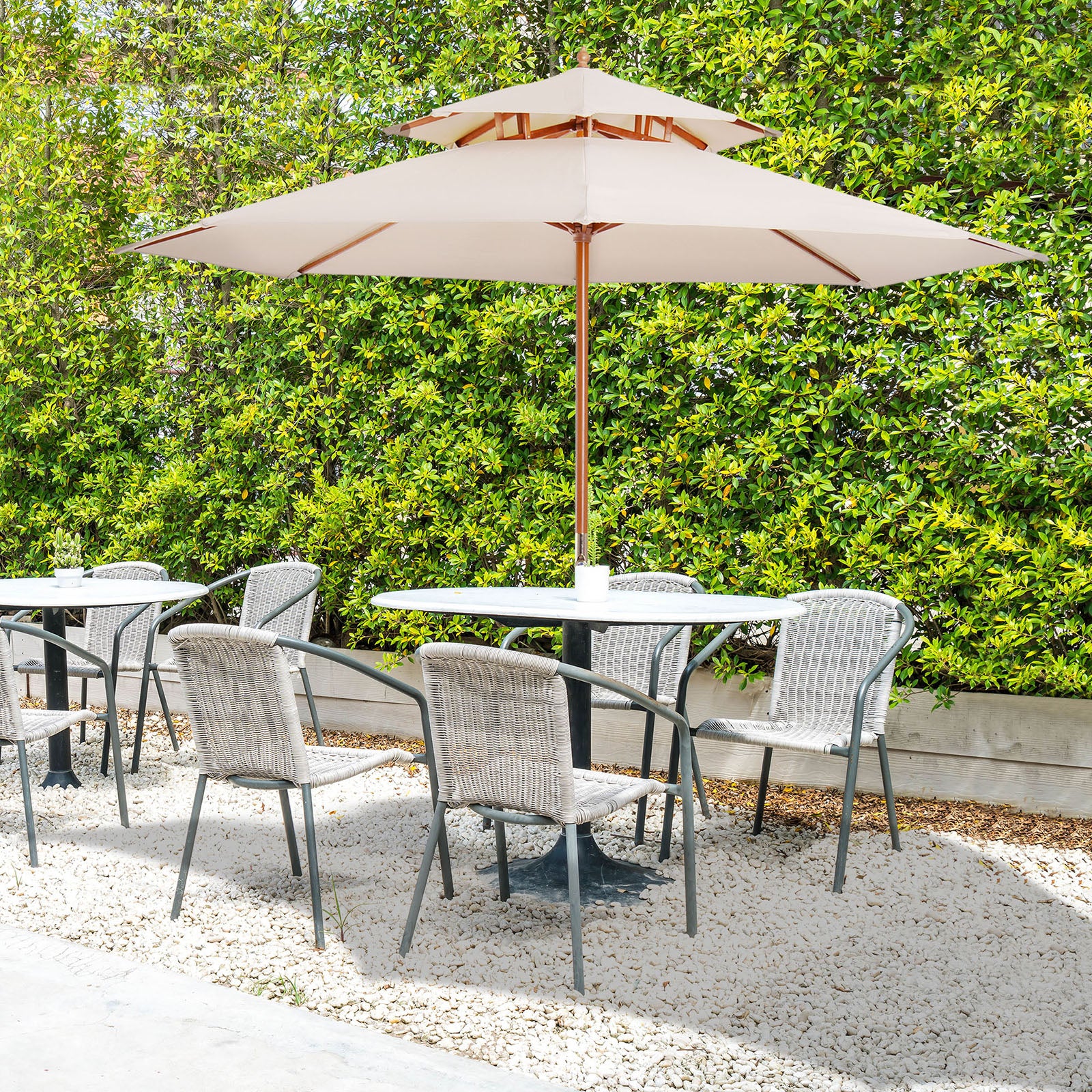 Straight Wooden Garden Parasol Round Parasol Polyester 180 g/m² 2 Roof dia. 2.7 x 2.6H m beige