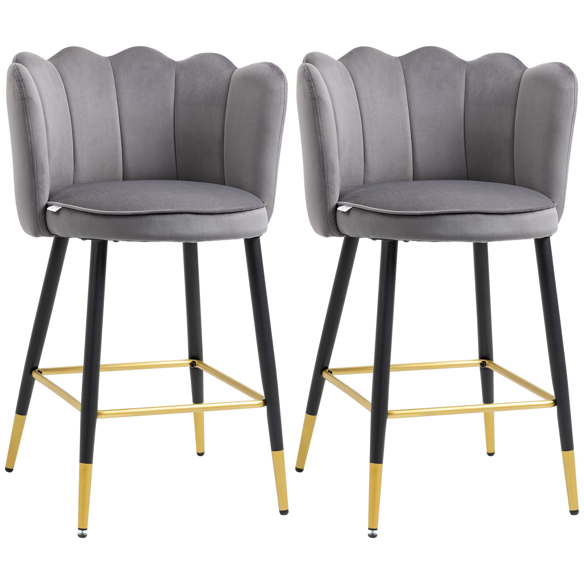Set of 2 Velvet Bar Stools with Footrest and Steel Base, 59x52x90cm, Dark Gray