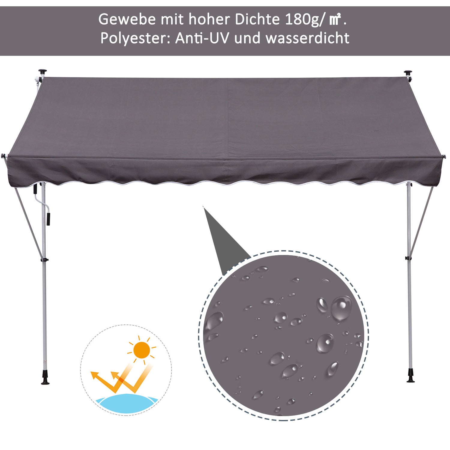Clamp Awning with Hand Crank Adjustable Height Retractable Awning Dirt-Repellent, Weather-Resistant Balcony Awning 150cm Wide Patio Awning for Terrace Balcony Porch Gray