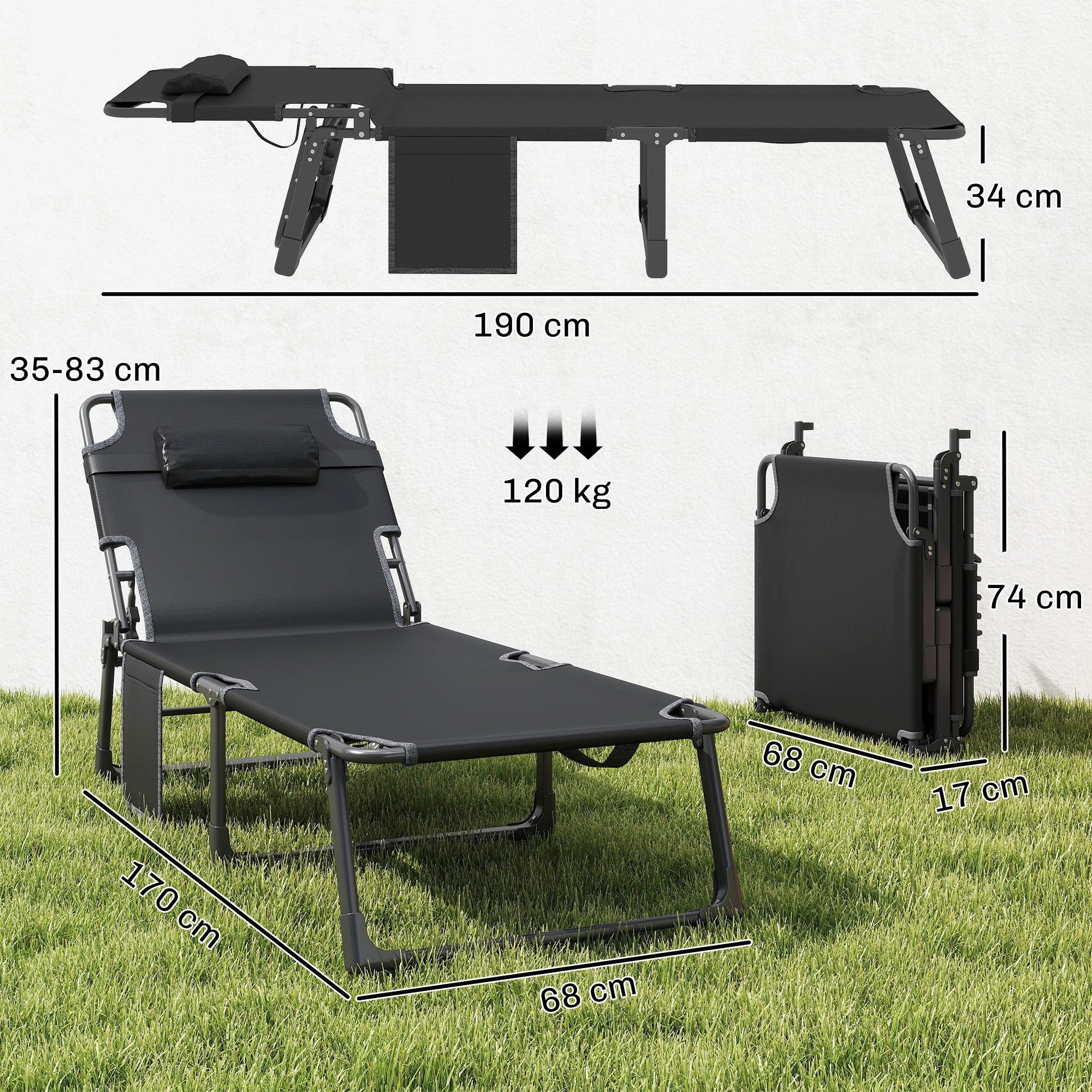 Folding Sun Lounger – Wide 5-Position Adjustable Garden Recliner with Padded Mattress, Headrest & Side Pocket, Breathable Mesh Relax Chair for Garden, Patio, Pool (Cream White)