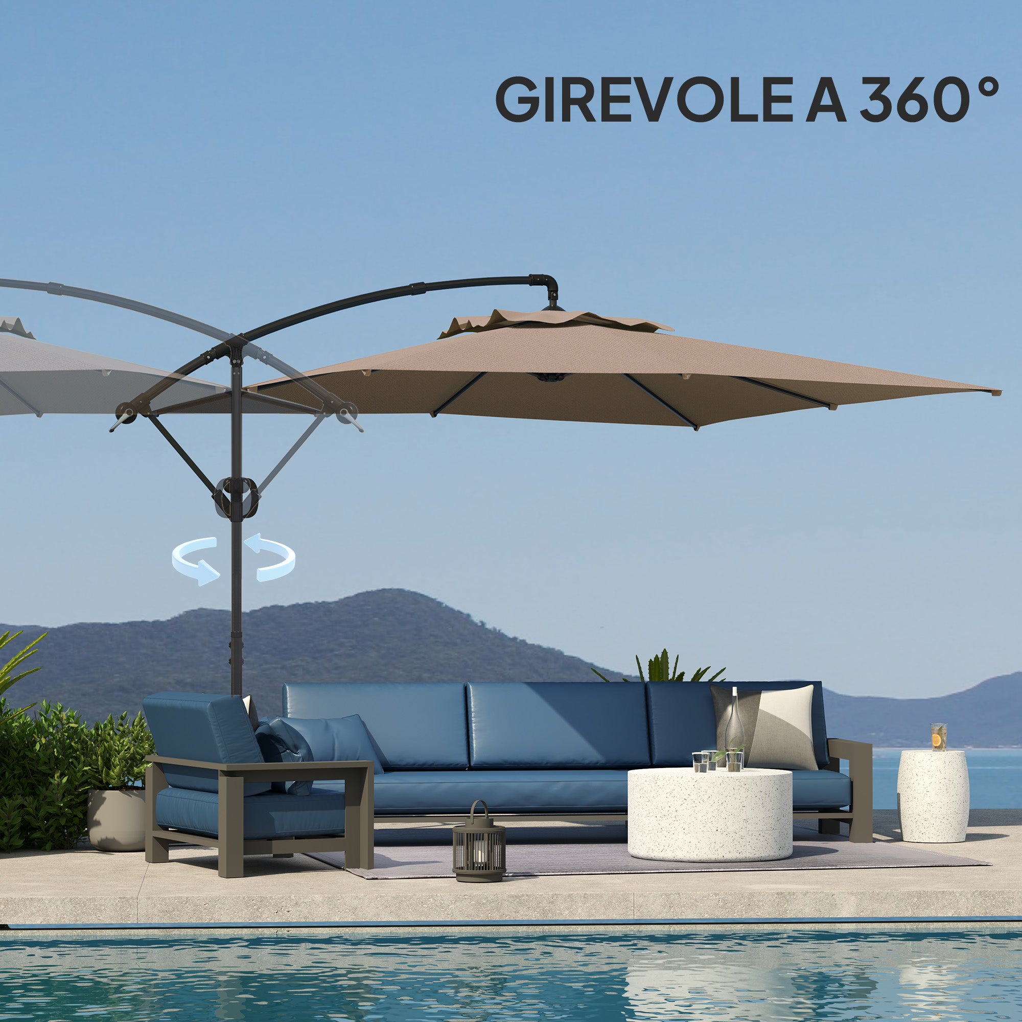 3x3.25m Offset Umbrella with 360° Adjustable Canopy, Cross Base, Air Vents, and Crank, Tilted Garden Umbrella in Metal and Polyester, for Courtyard, Terrace, Khaki