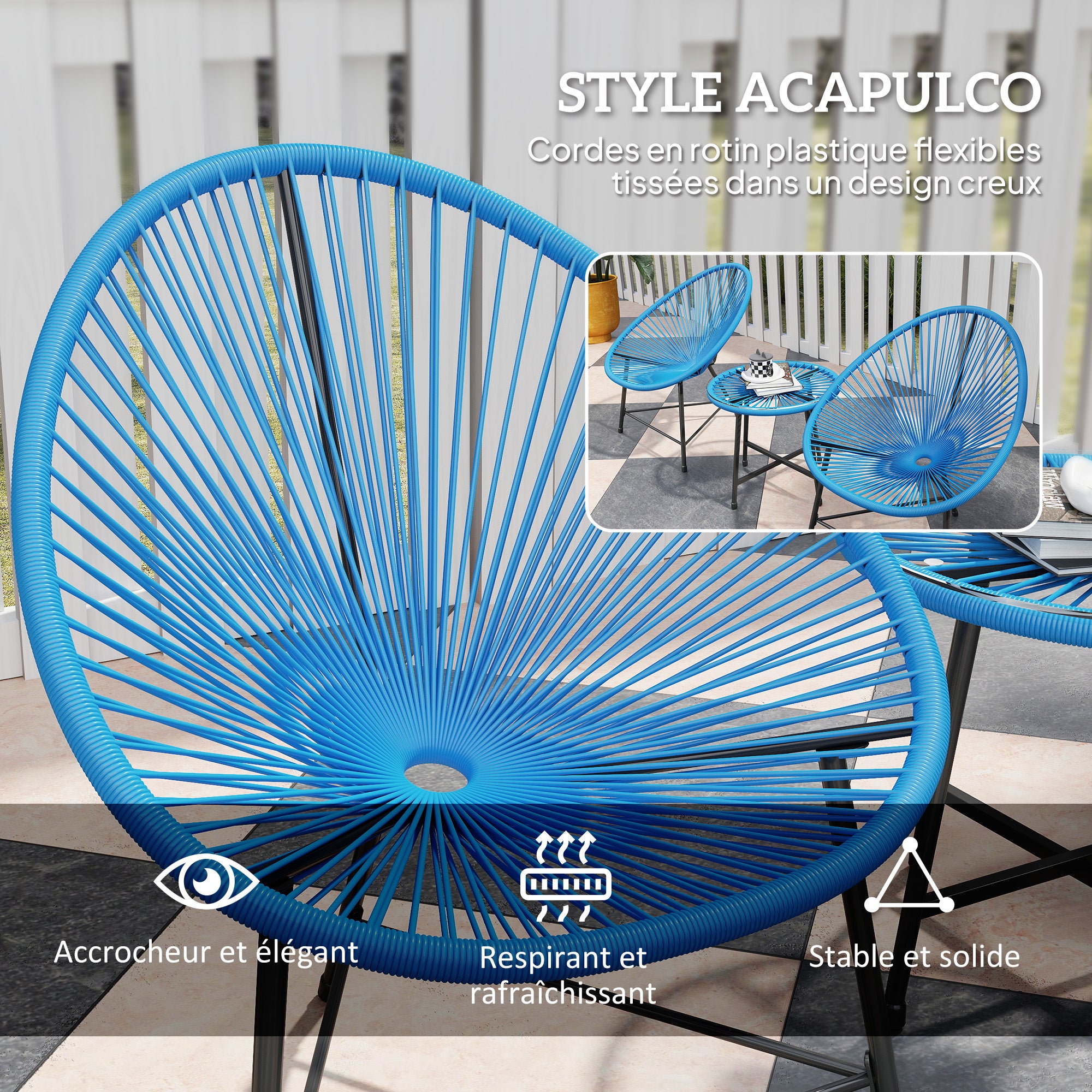 Outdoor Garden Lounge Set with 2 Blue Woven Resin Rattan Chairs, Tempered Glass Outdoor Table, Garden Furniture for Balcony Terrace Patio, Blue