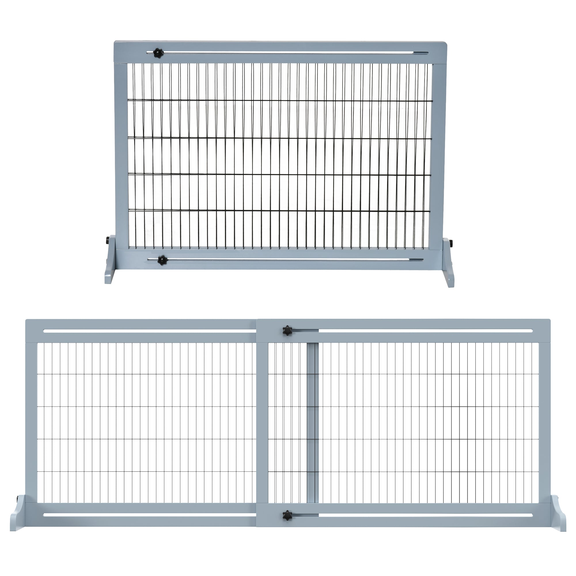 Wooden Dog Barrier, Extendable Door Safety Gate with Foot Support, Freestanding Dog Gate, Stair Gate, Dog Barrier for Fireplace, Oven, Gray Blue, 104-183 x 36 x 69 cm