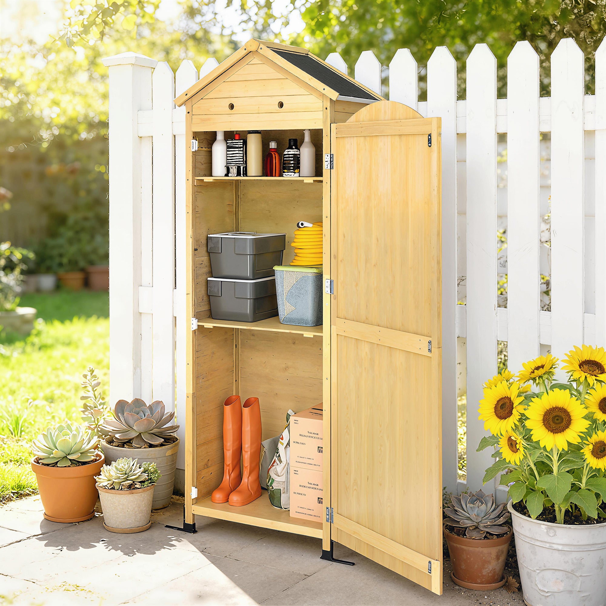 Natural Wood Garden Cabinet – 213 cm (84") High, Galvanized Metal Roof, Adjustable Shelves
